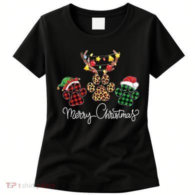 Merry Christmas Dog Paws Lights Buffalo Plaid Leopard Xmas Women's T-Shirt