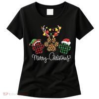 Merry Christmas Dog Paws Lights Buffalo Plaid Leopard Xmas Women's T-Shirt thumb 0