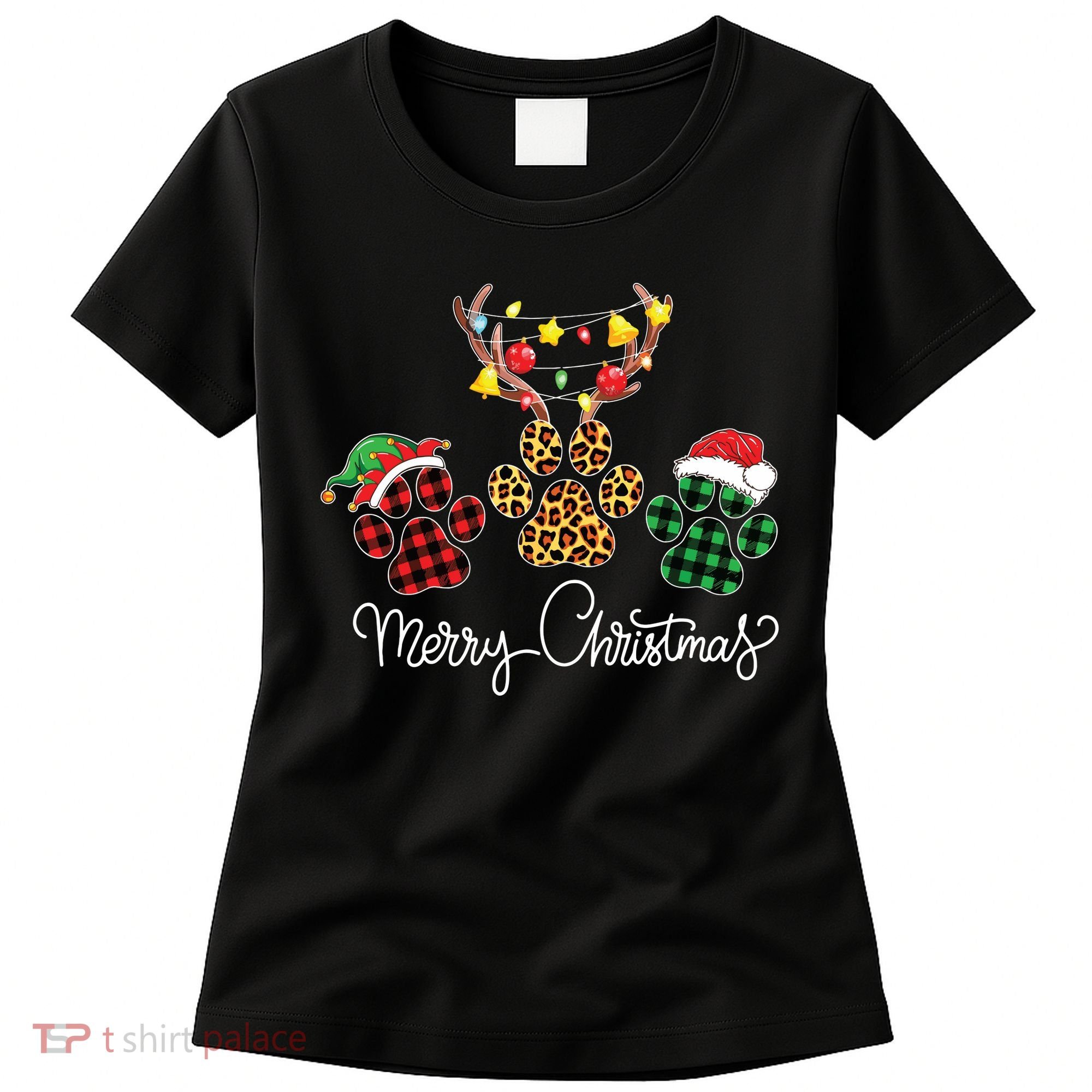 Merry Christmas Dog Paws Lights Buffalo Plaid Leopard Xmas Women's T-Shirt