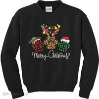 Merry Christmas Dog Paws Lights Buffalo Plaid Leopard Xmas Kids Sweatshirt thumb 0