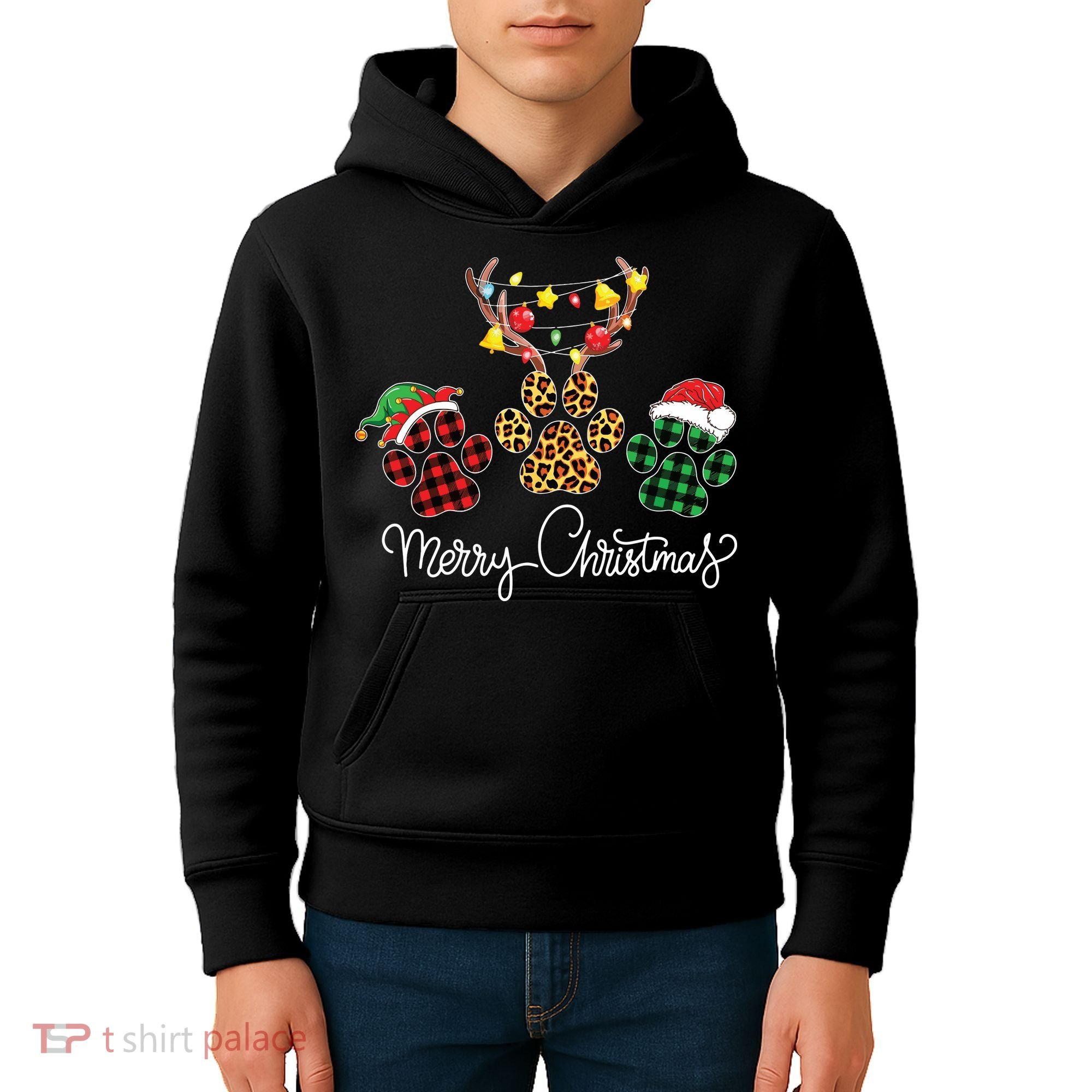 Merry Christmas Dog Paws Lights Buffalo Plaid Leopard Xmas Kids Hoodie