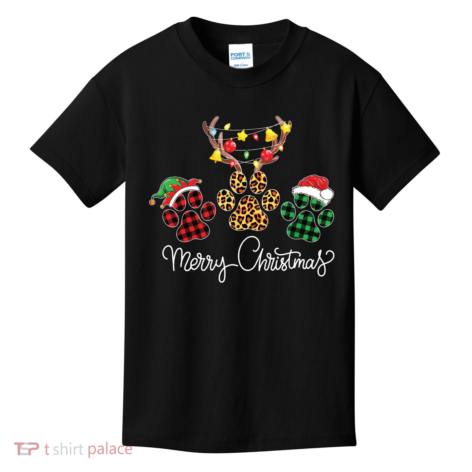 Merry Christmas Dog Paws Lights Buffalo Plaid Leopard Xmas Kids T-Shirt