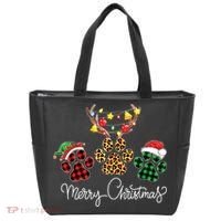 Merry Christmas Dog Paws Lights Buffalo Plaid Leopard Xmas Tote Bag thumb 0
