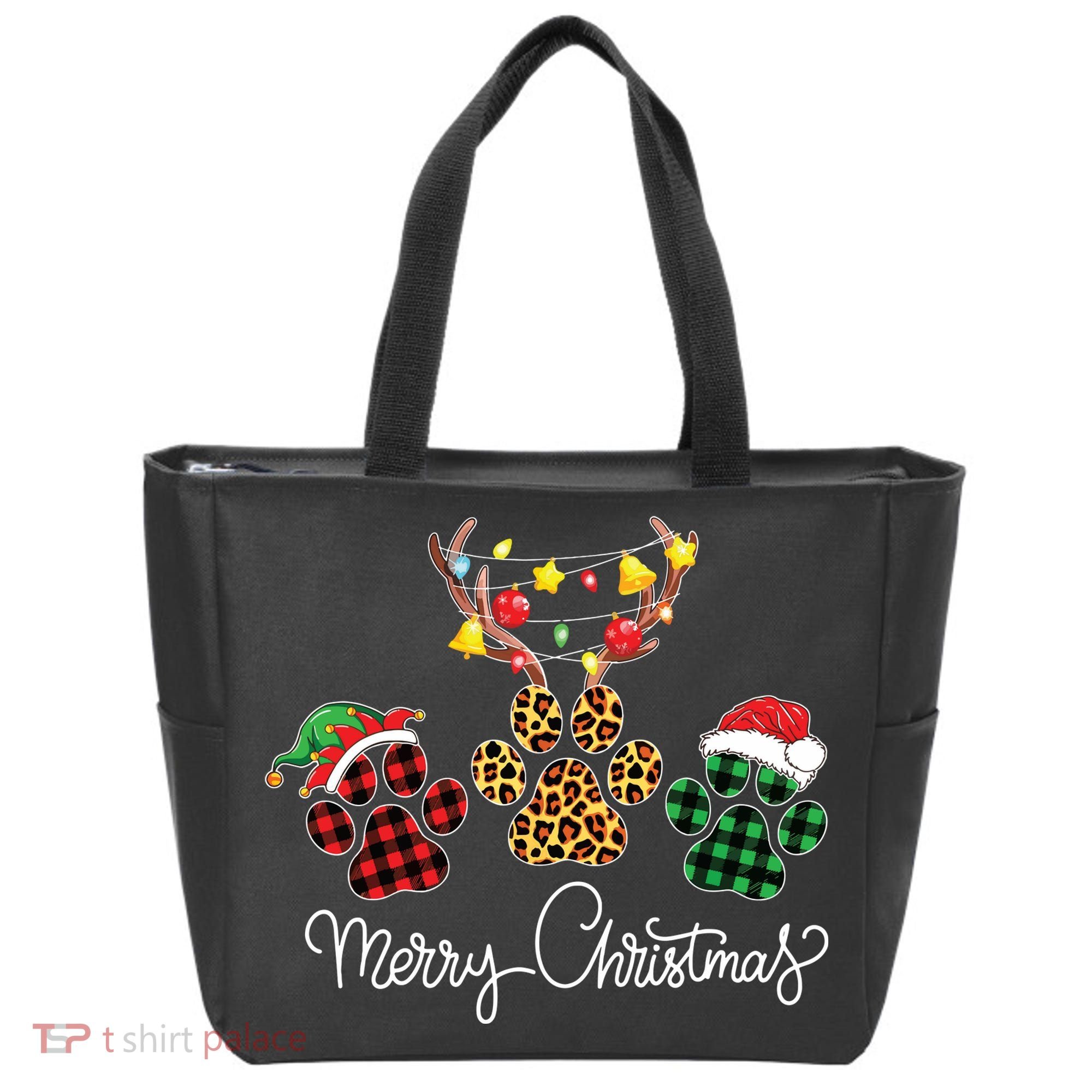 Merry Christmas Dog Paws Lights Buffalo Plaid Leopard Xmas Tote Bag