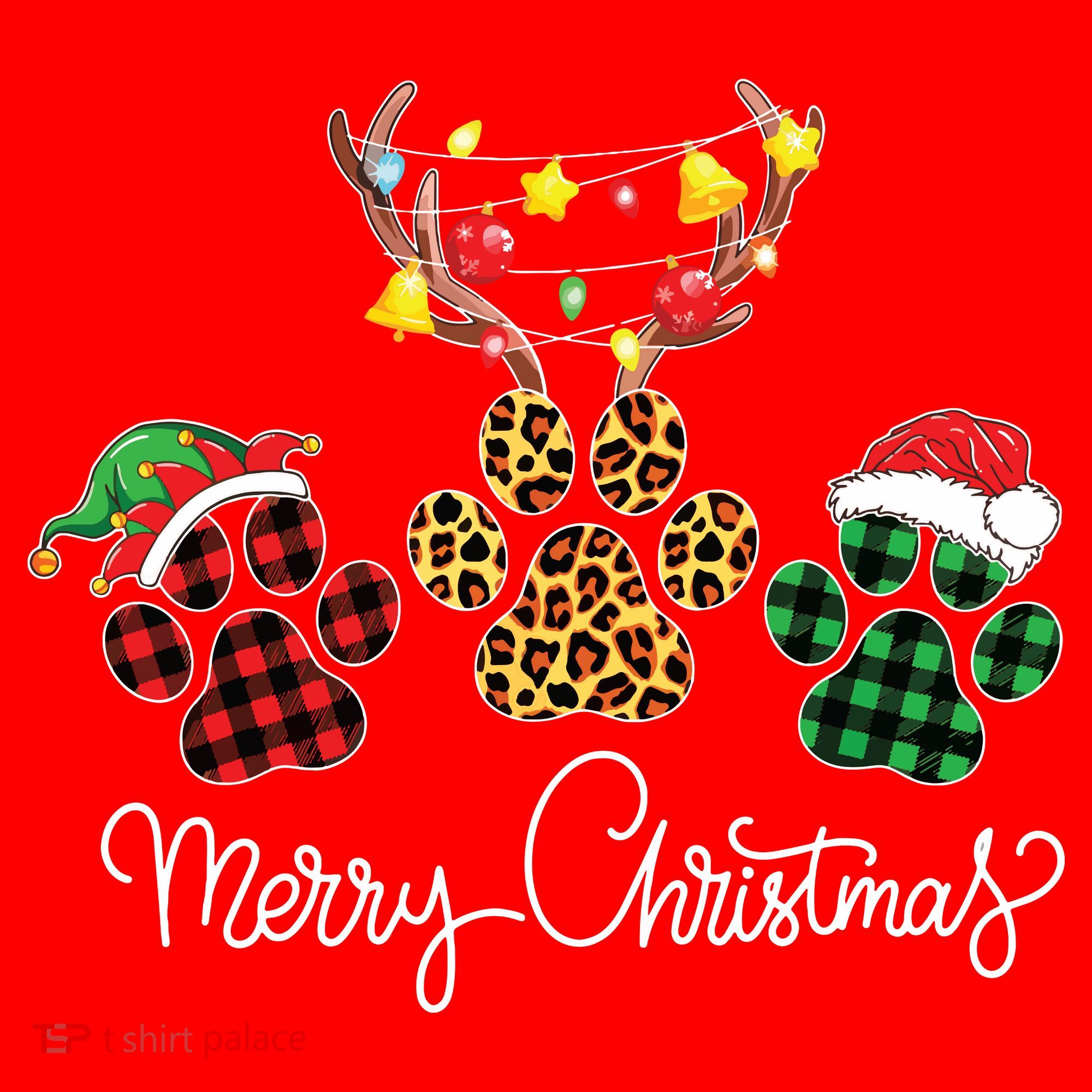 Merry Christmas Dog Paws Lights Buffalo Plaid Leopard Xmas Santa Hat
