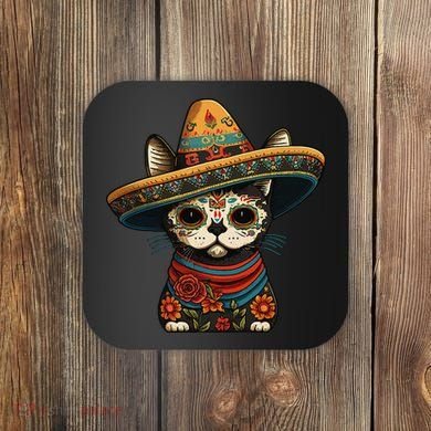Mexican Cinco De Mayo Sugar Skull Sombrero Cat Coaster