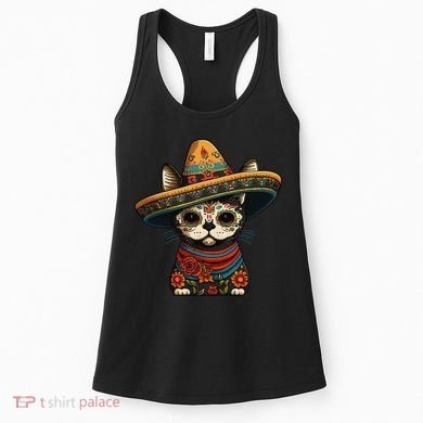 Mexican Cinco De Mayo Sugar Skull Sombrero Cat Women's Tank Top