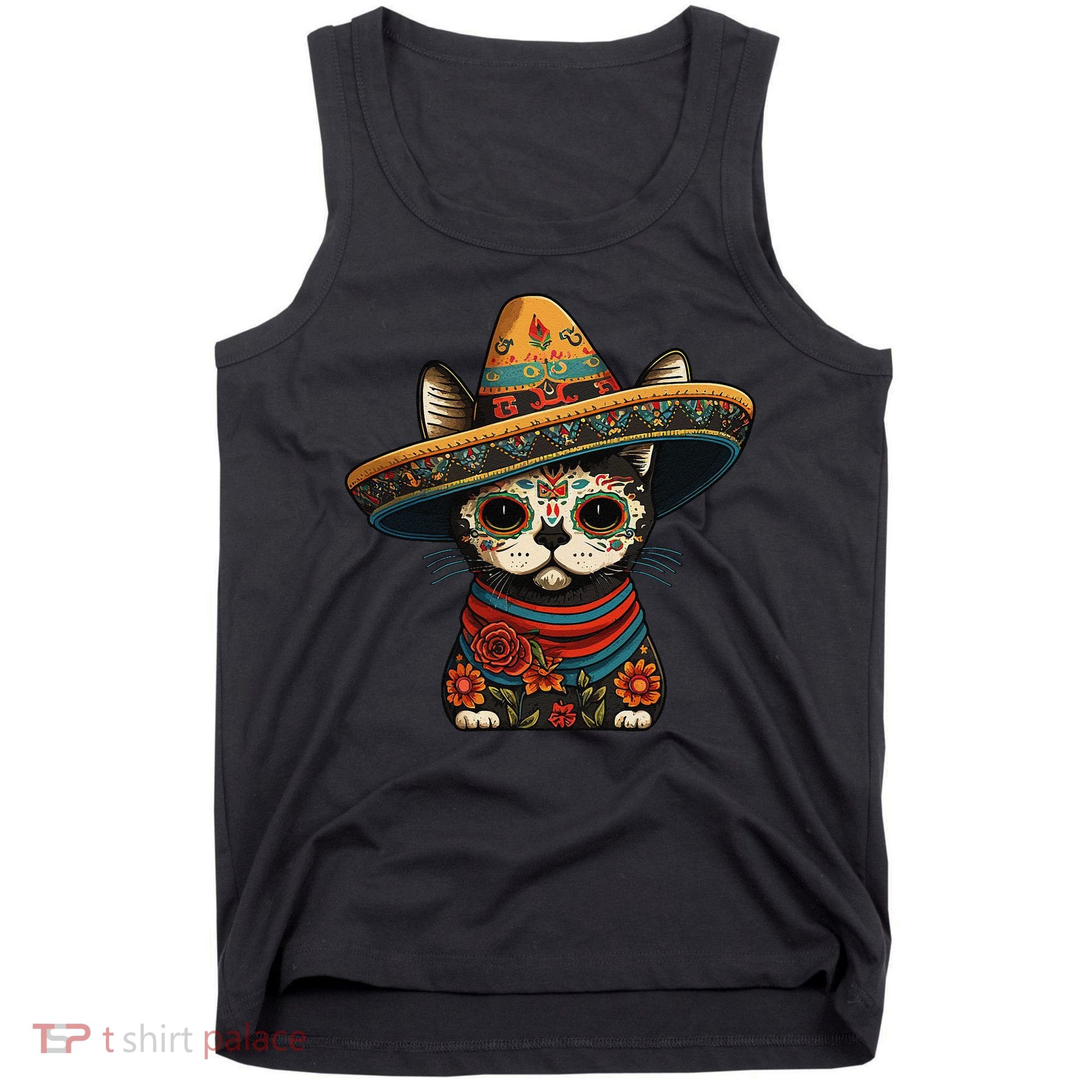 Mexican Cinco De Mayo Sugar Skull Sombrero Cat Tank Top