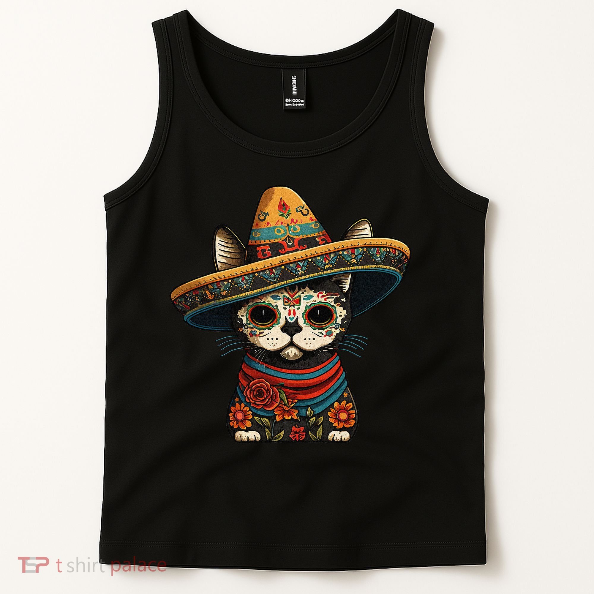 Mexican Cinco De Mayo Sugar Skull Sombrero Cat Tank Top