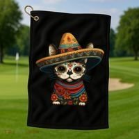 Mexican Cinco De Mayo Sugar Skull Sombrero Cat Golf Towel thumb 1