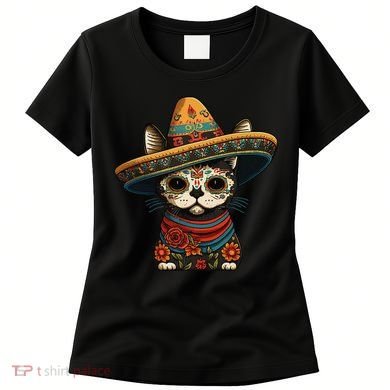 Mexican Cinco De Mayo Sugar Skull Sombrero Cat Women's T-Shirt