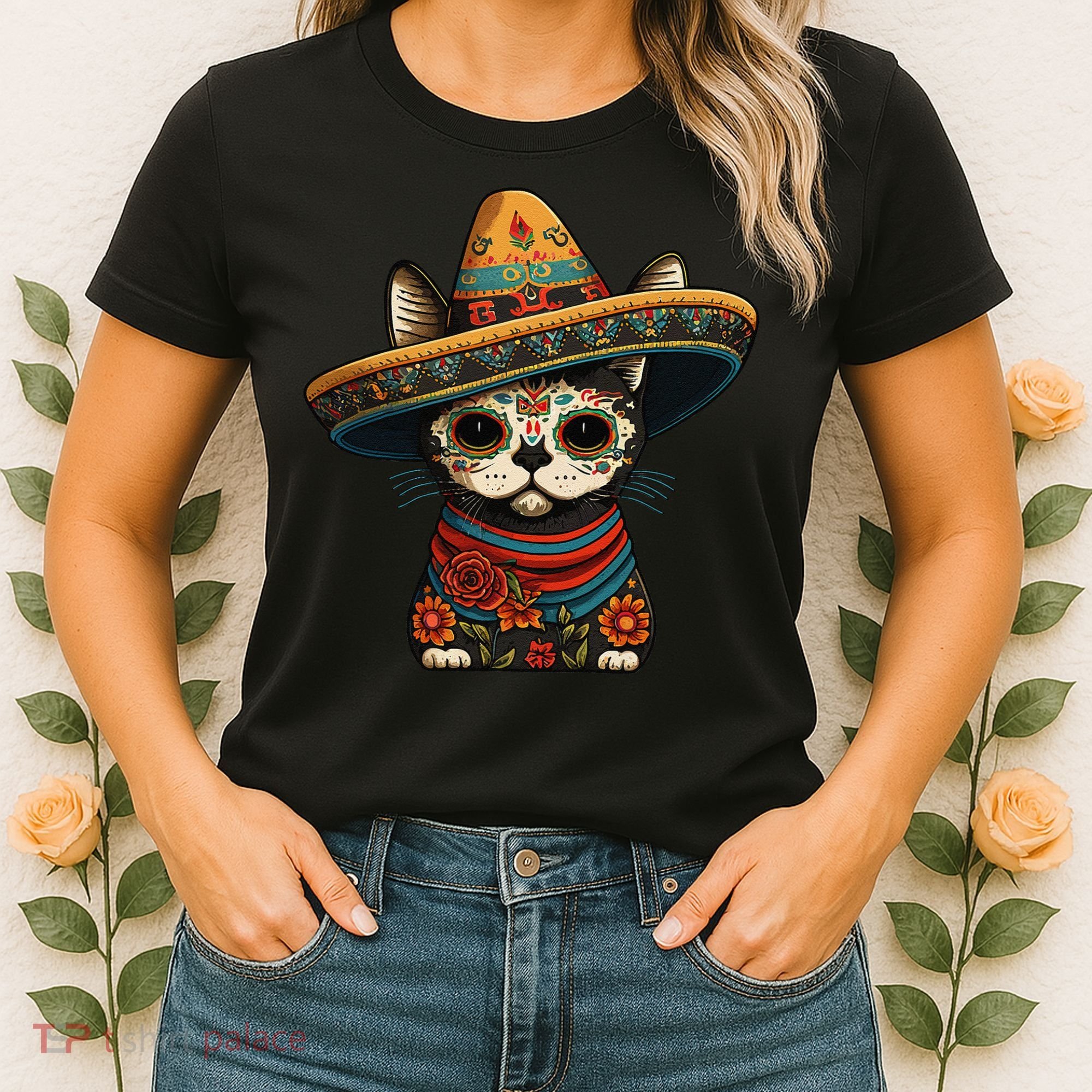 Mexican Cinco De Mayo Sugar Skull Sombrero Cat Women's T-Shirt