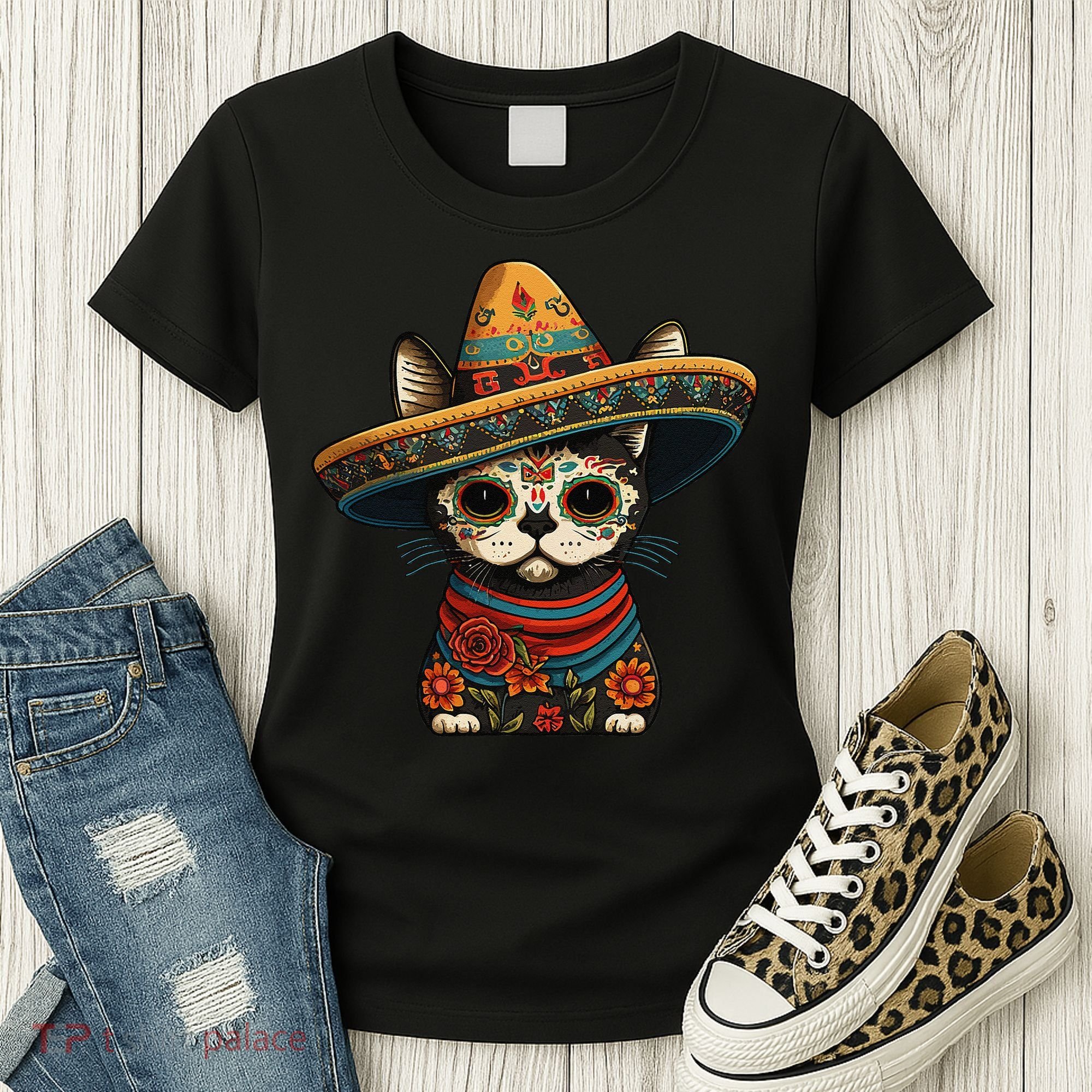 Mexican Cinco De Mayo Sugar Skull Sombrero Cat Women's T-Shirt