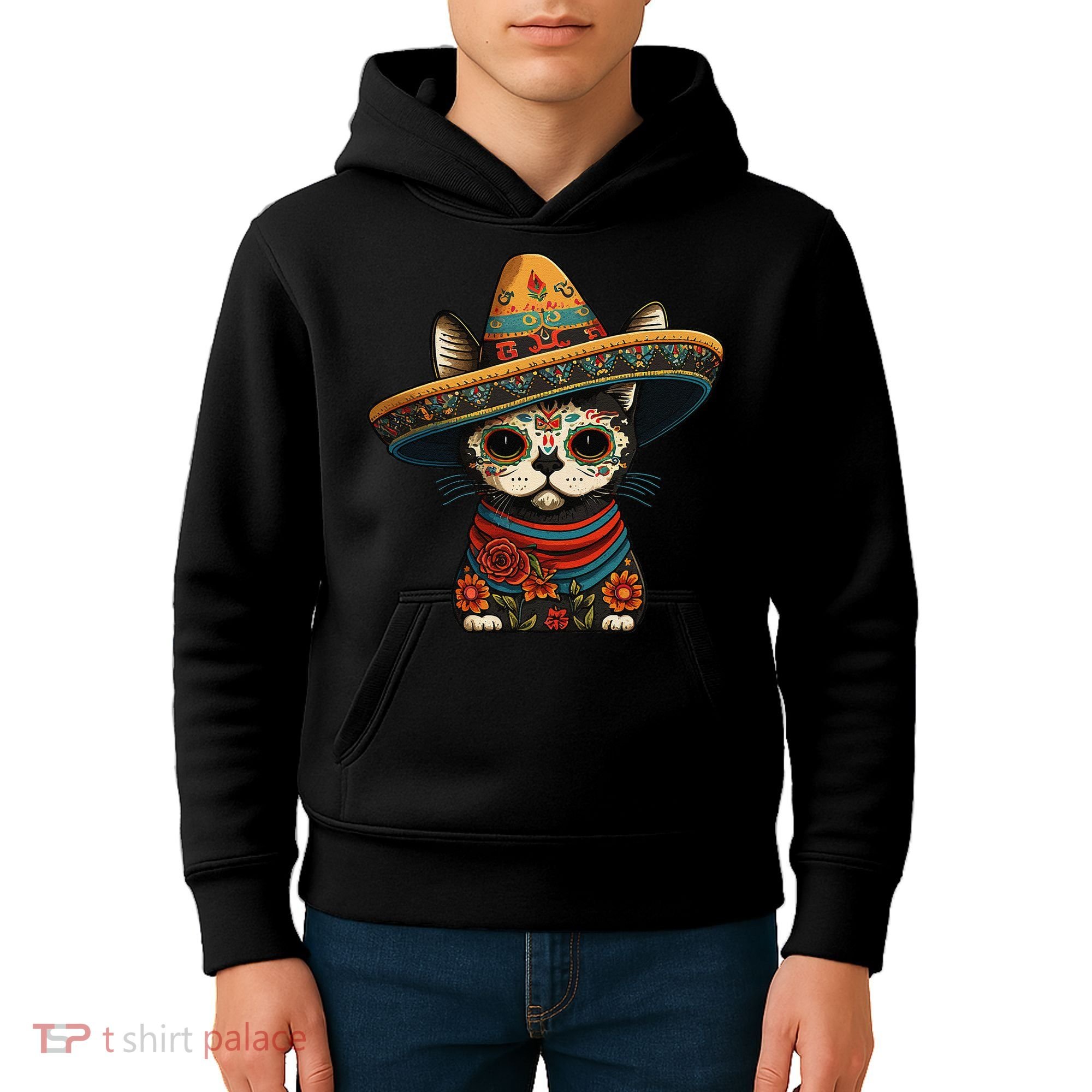 Mexican Cinco De Mayo Sugar Skull Sombrero Cat Kids Hoodie