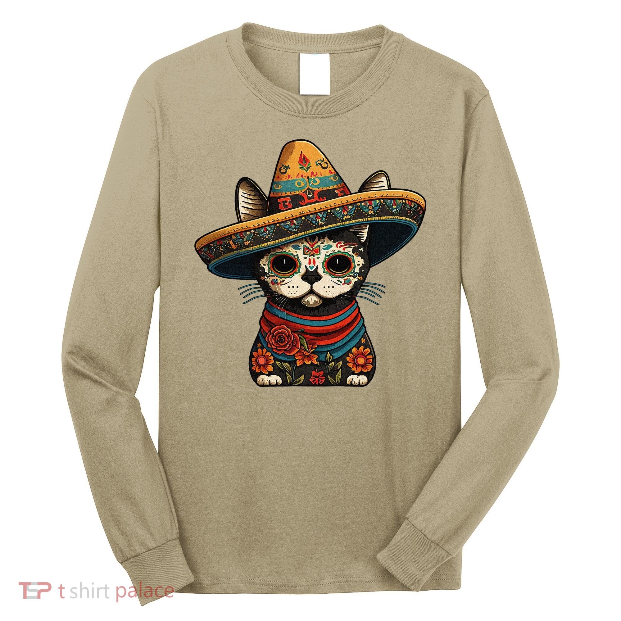 Mexican Cinco De Mayo Sugar Skull Sombrero Cat Long Sleeve Shirt