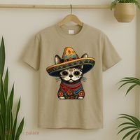 Mexican Cinco De Mayo Sugar Skull Sombrero Cat T-Shirt thumb 2