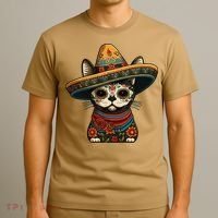 Mexican Cinco De Mayo Sugar Skull Sombrero Cat T-Shirt thumb 3