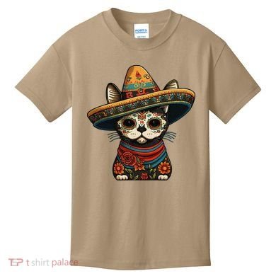 Mexican Cinco De Mayo Sugar Skull Sombrero Cat Kids T-Shirt