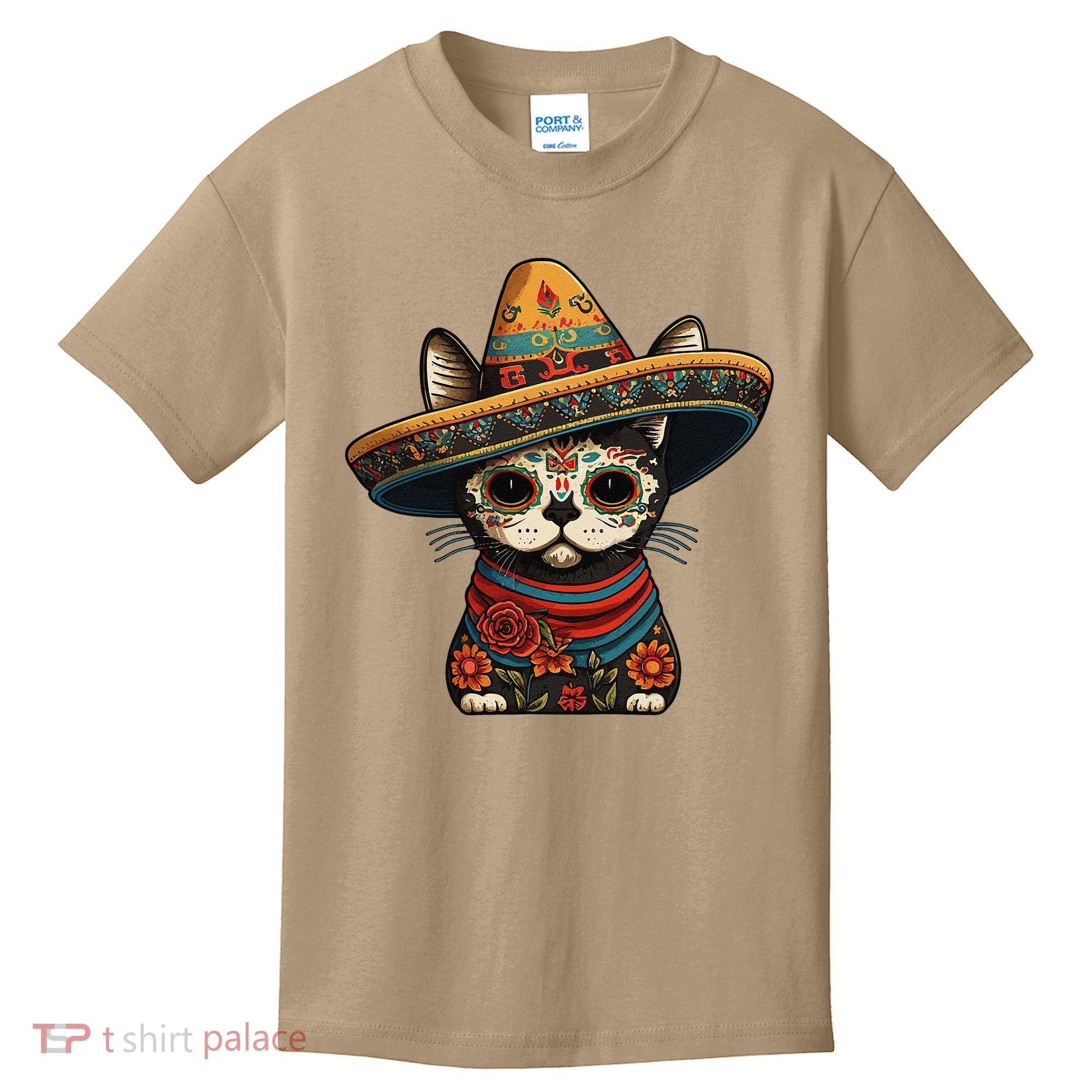 Mexican Cinco De Mayo Sugar Skull Sombrero Cat Kids T-Shirt