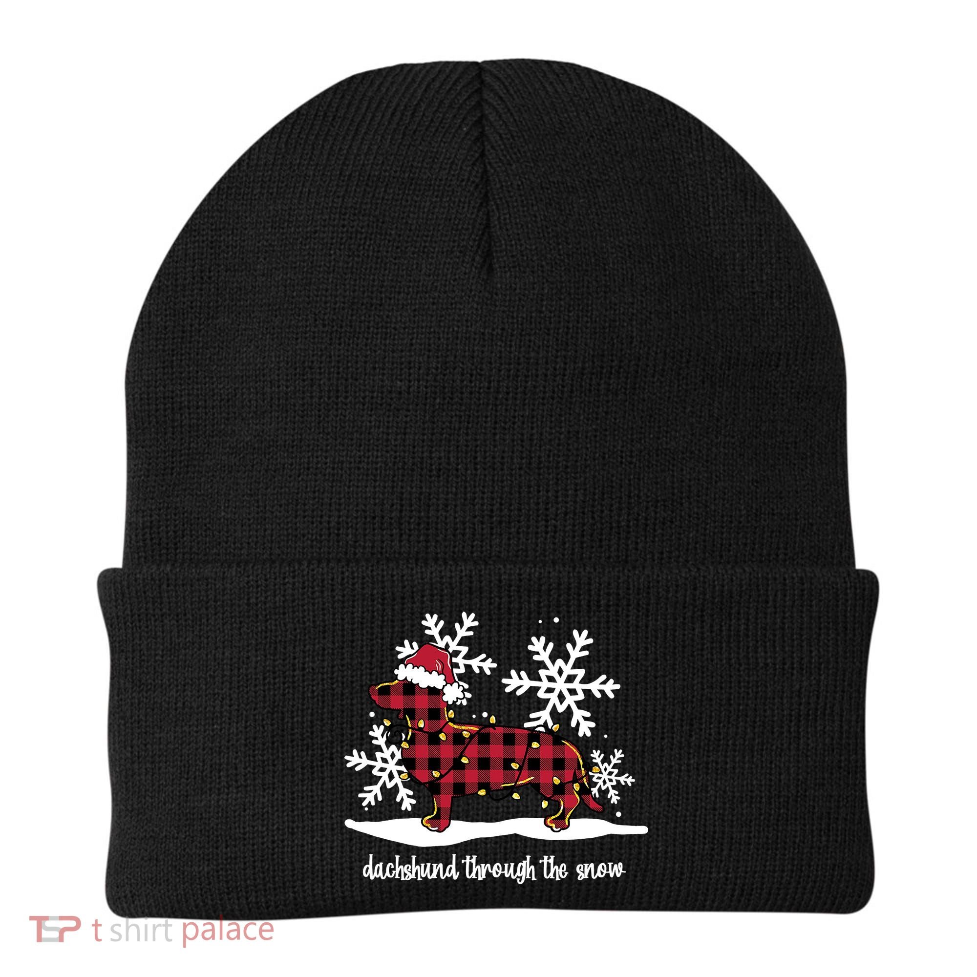 Merry Christmas Dachshund Dog Through The Snow Beanie