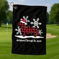 Merry Christmas Dachshund Dog Through The Snow Golf Towel thumb 1