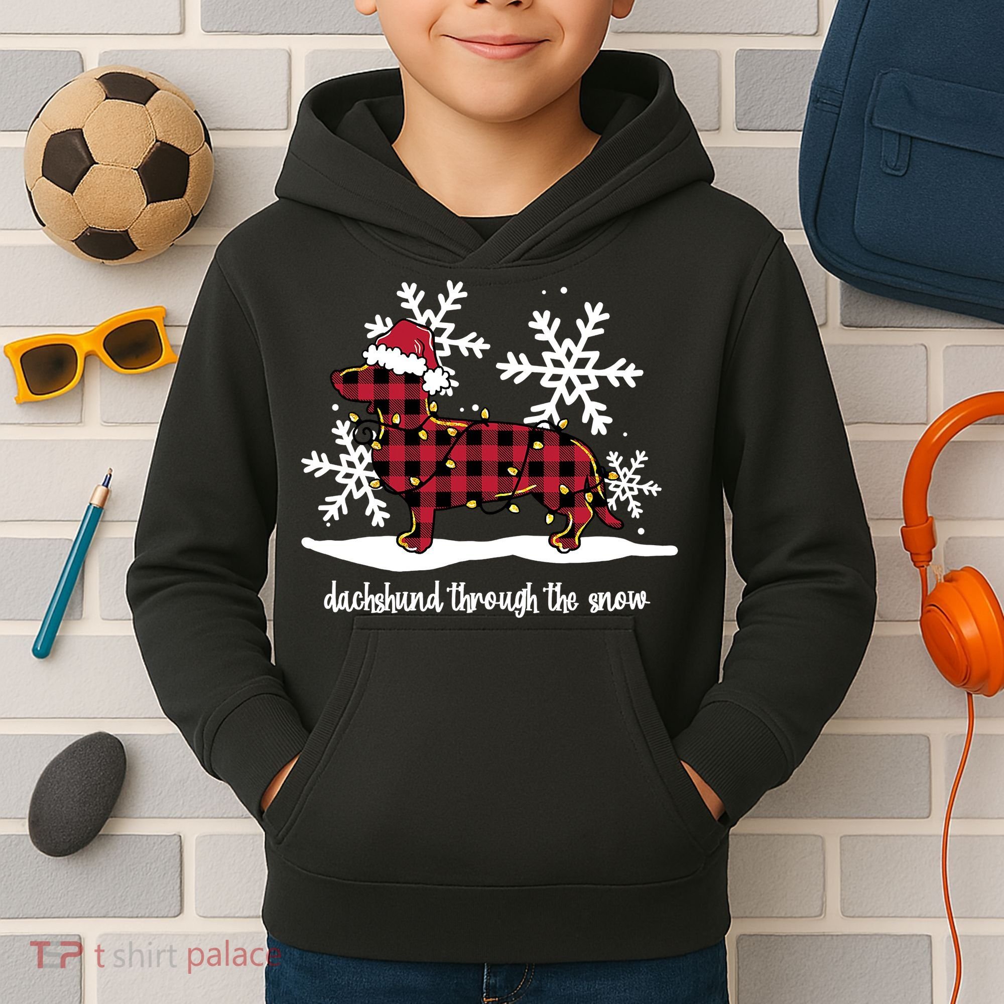 Merry Christmas Dachshund Dog Through The Snow Kids Hoodie