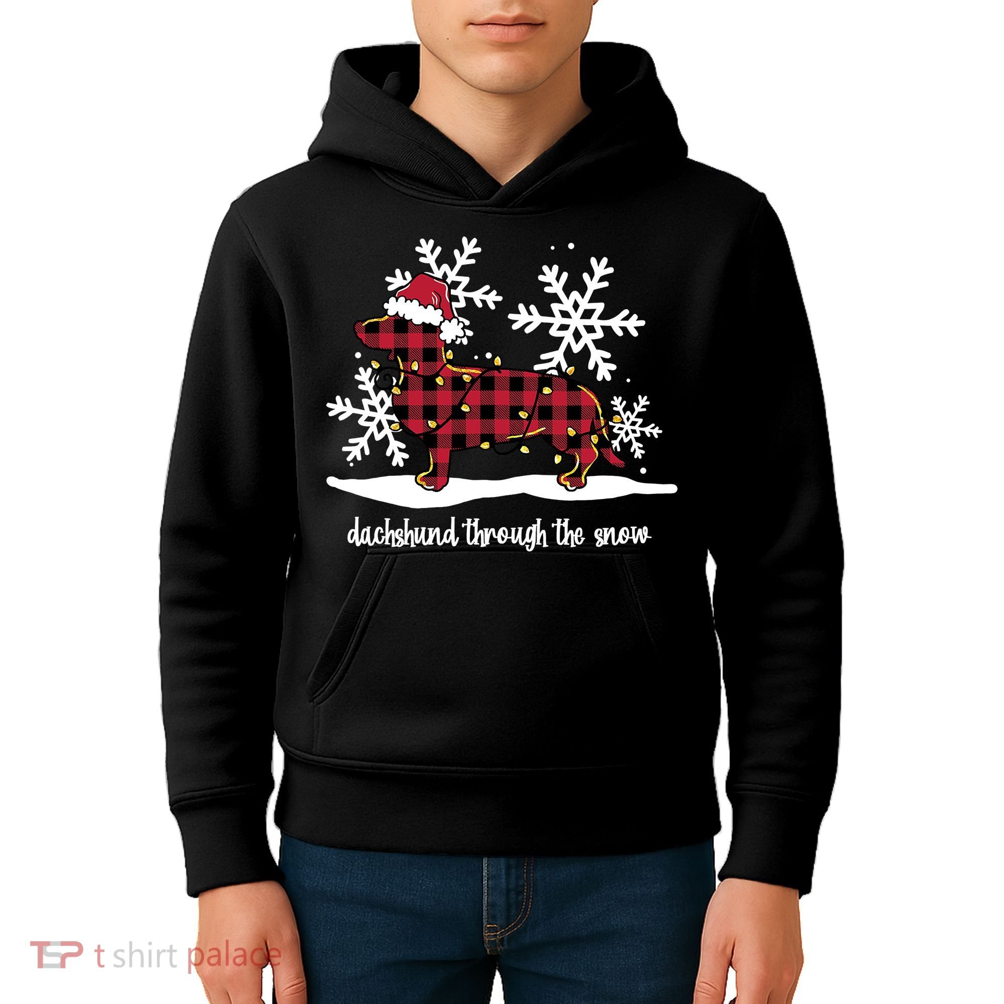 Merry Christmas Dachshund Dog Through The Snow Kids Hoodie