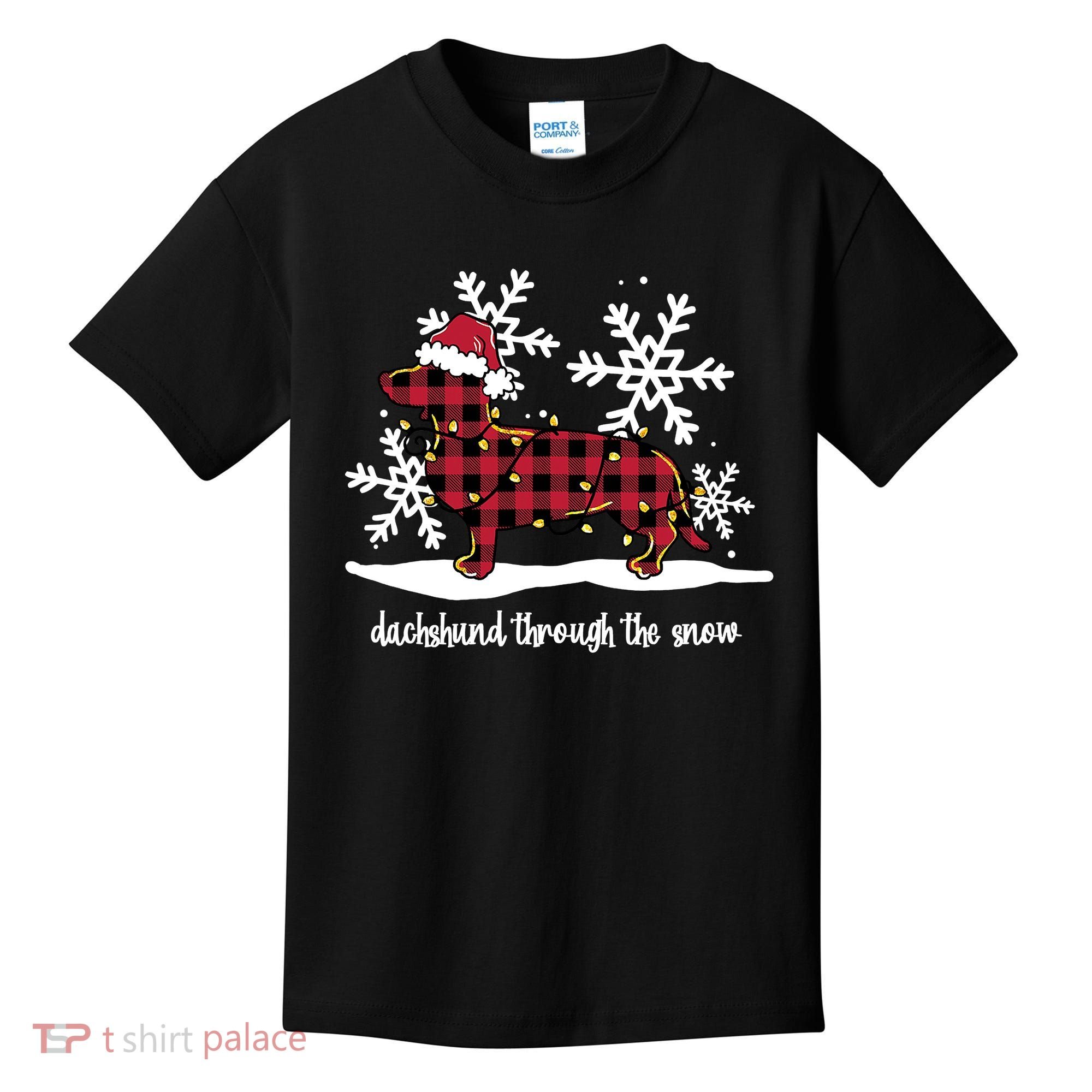 Merry Christmas Dachshund Dog Through The Snow Kids T-Shirt