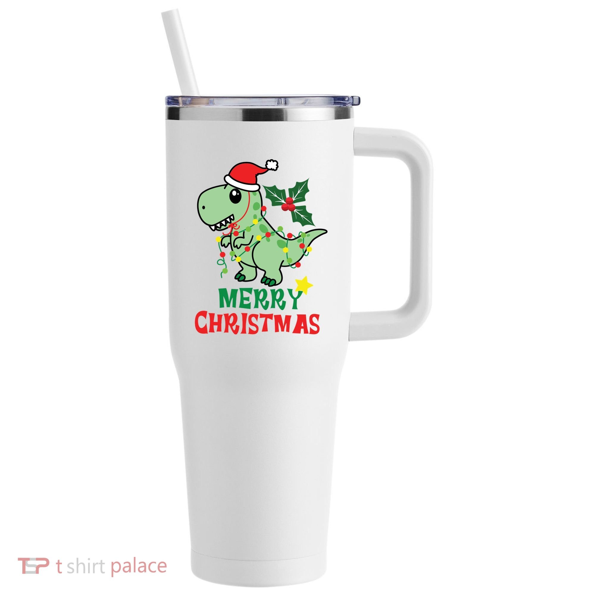 Merry Christmas Dino Holiday 40oz Vacuum Insulated Stainless Steel Travel Tumbler