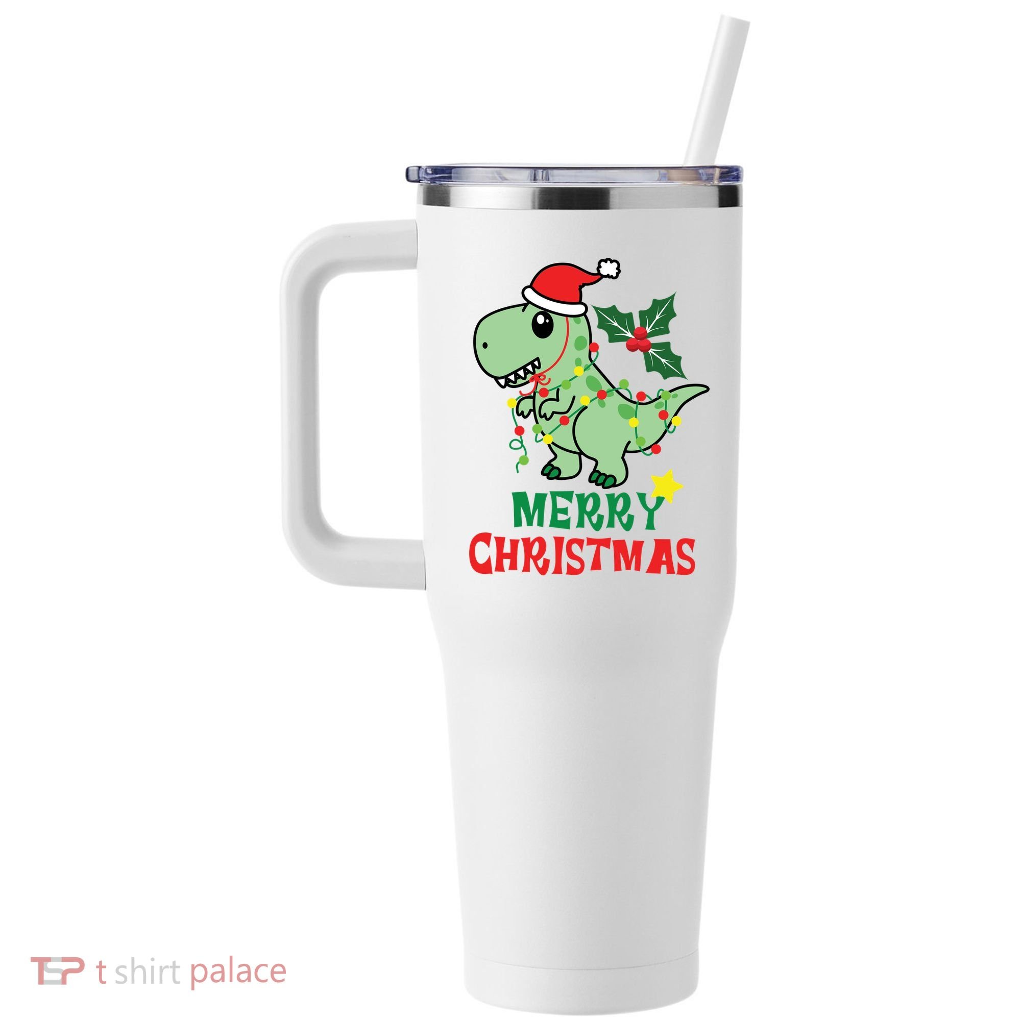Merry Christmas Dino Holiday 40oz Vacuum Insulated Stainless Steel Travel Tumbler