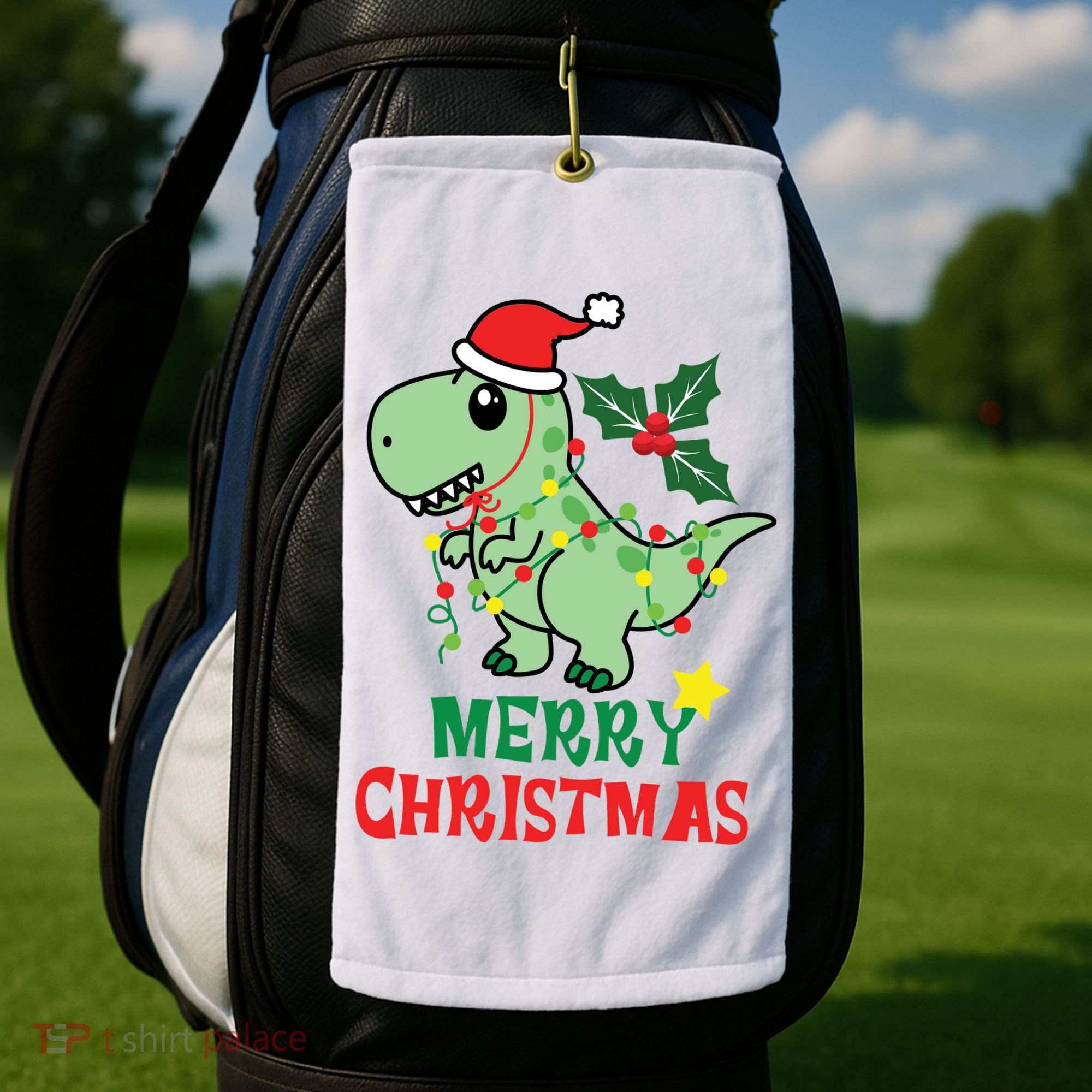 Merry Christmas Dino Holiday Golf Towel