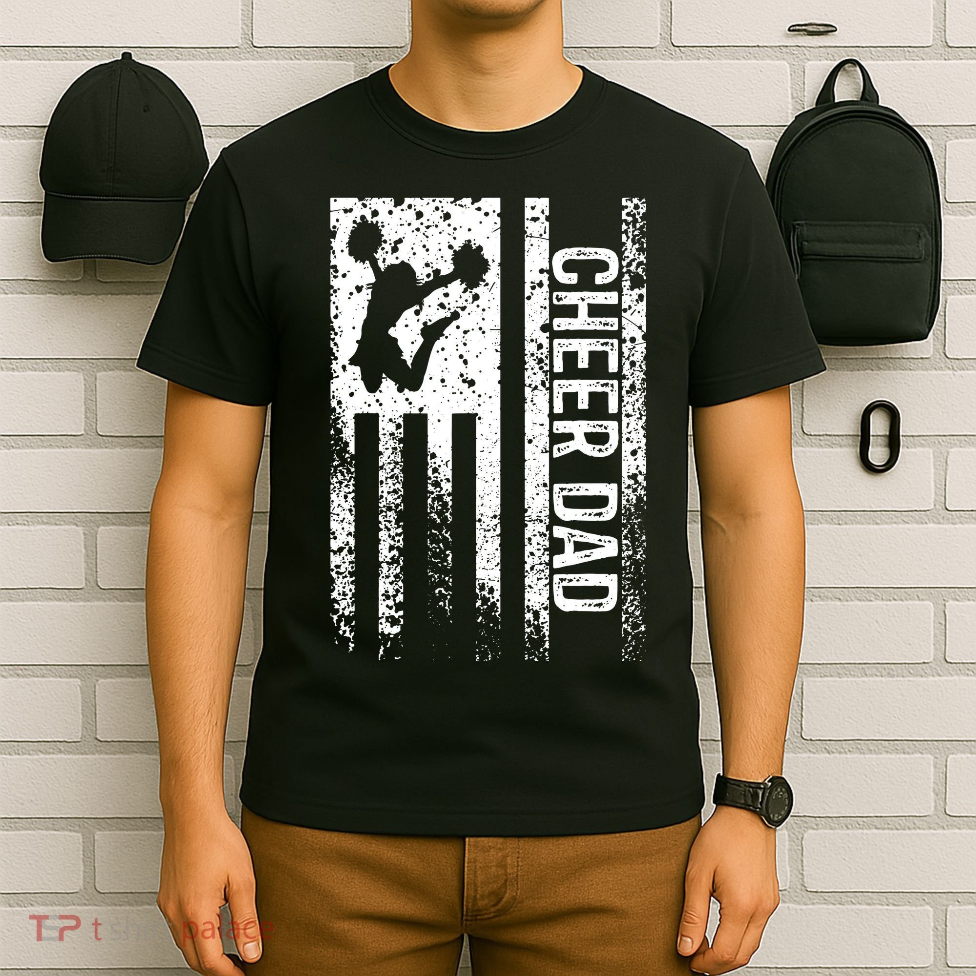 Mens Cheer Dad Vintage American Flag Father Cheerleader Squad T-Shirt