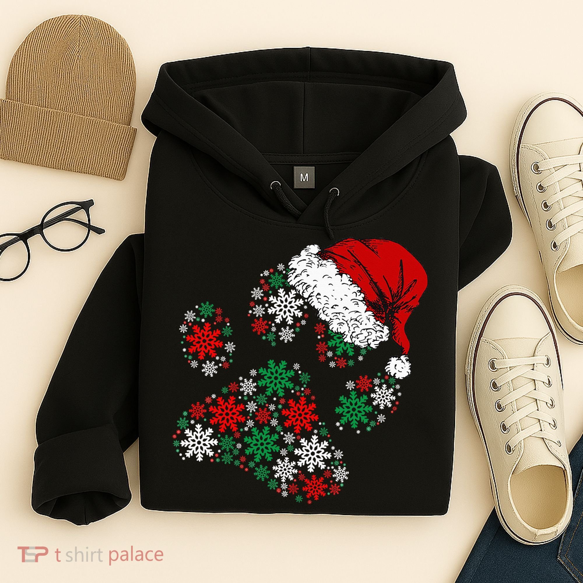 Merry Christmas Dog Paws Lights Santa hat Snowflake Xmas Hoodie