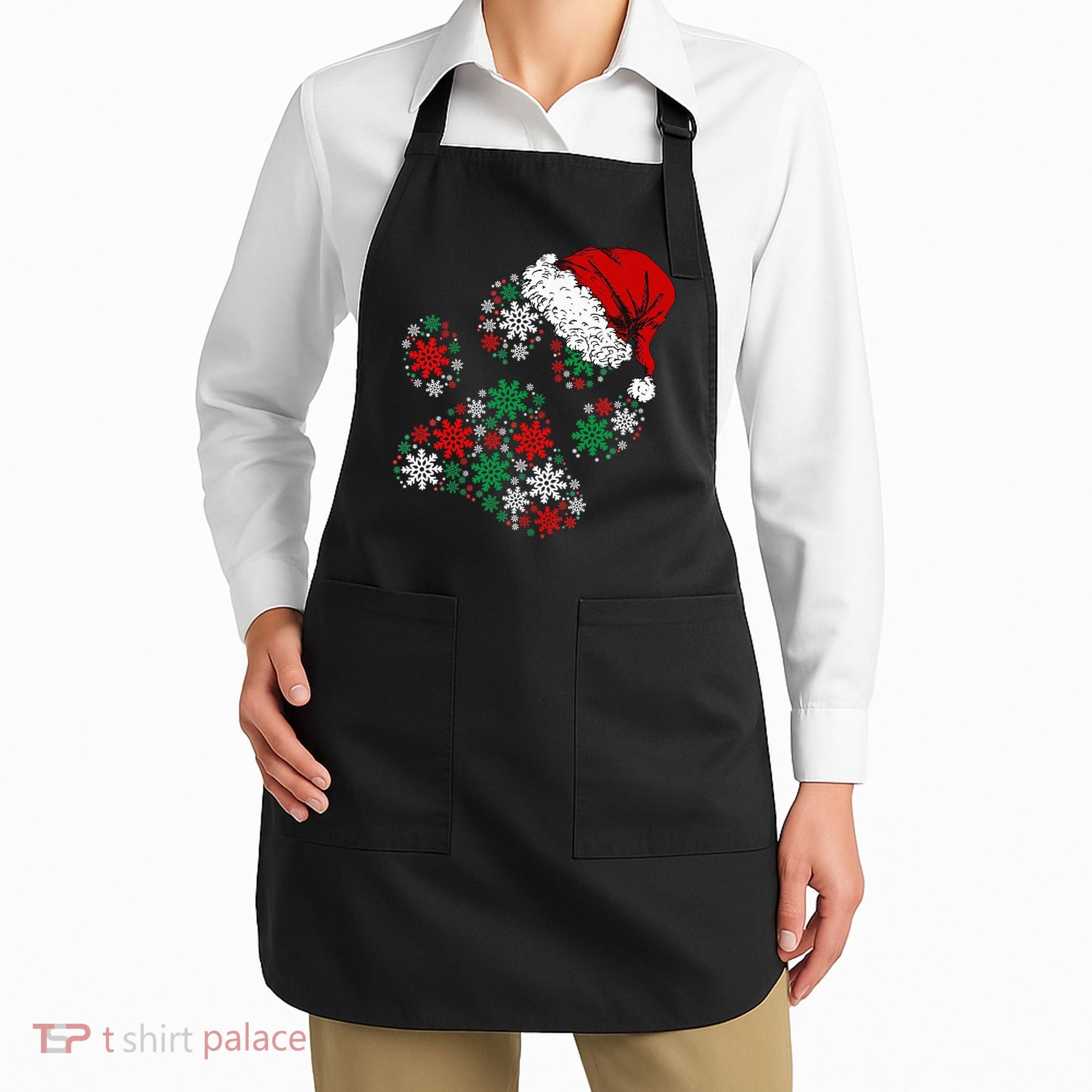 Merry Christmas Dog Paws Lights Santa hat Snowflake Xmas Apron