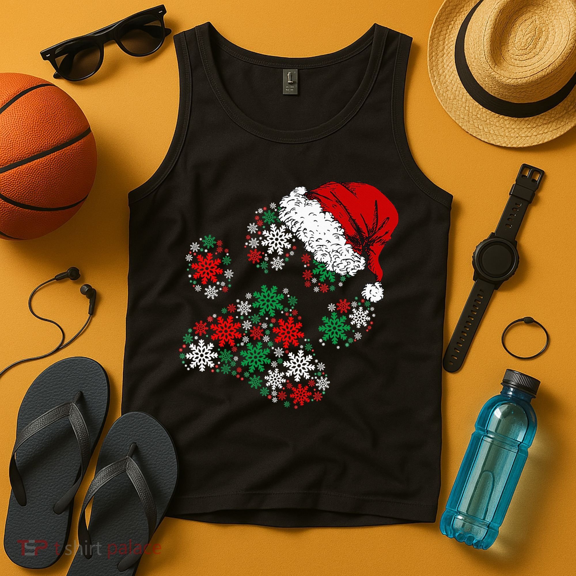 Merry Christmas Dog Paws Lights Santa hat Snowflake Xmas Tank Top