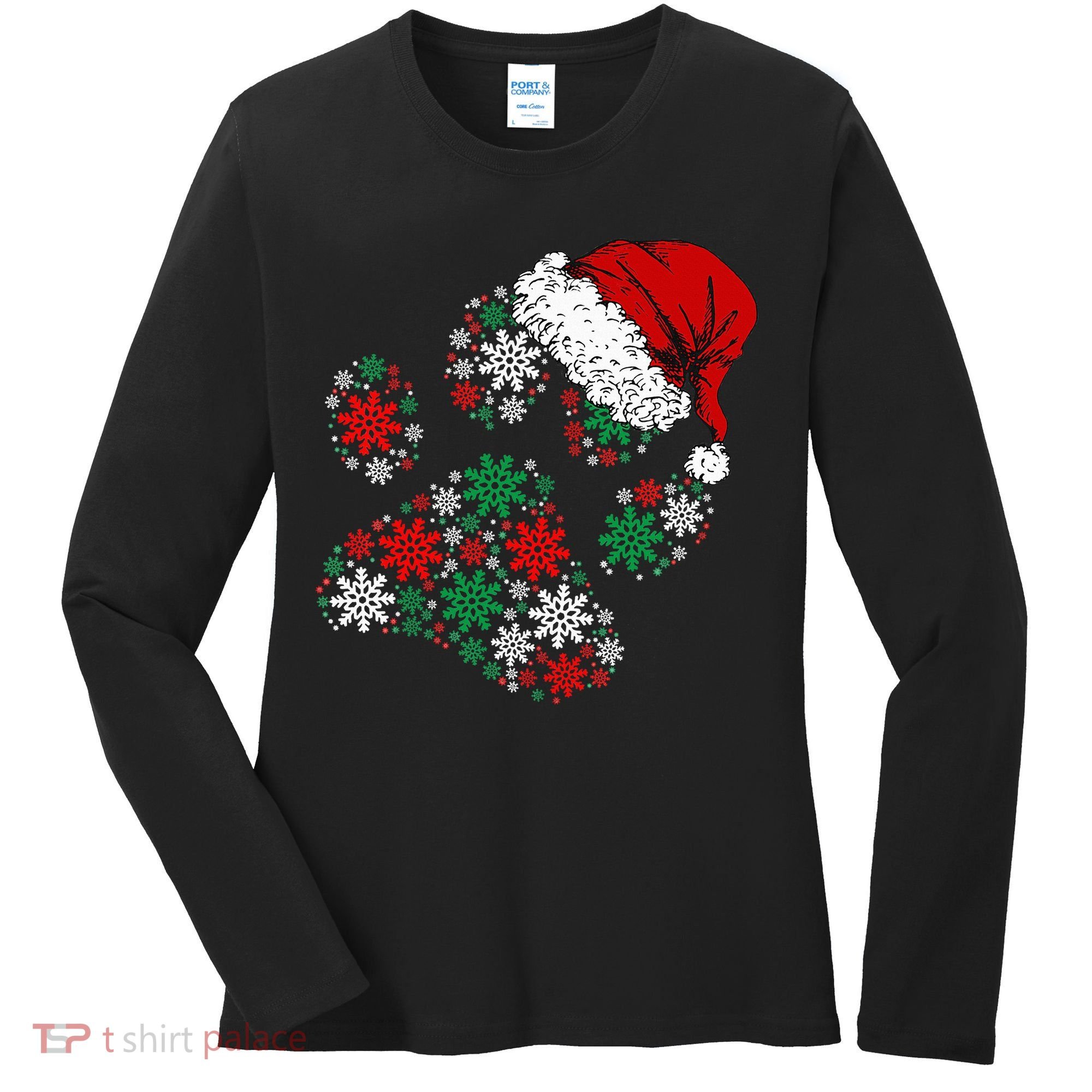 Merry Christmas Dog Paws Lights Santa hat Snowflake Xmas Women's Long Sleeve Shirt