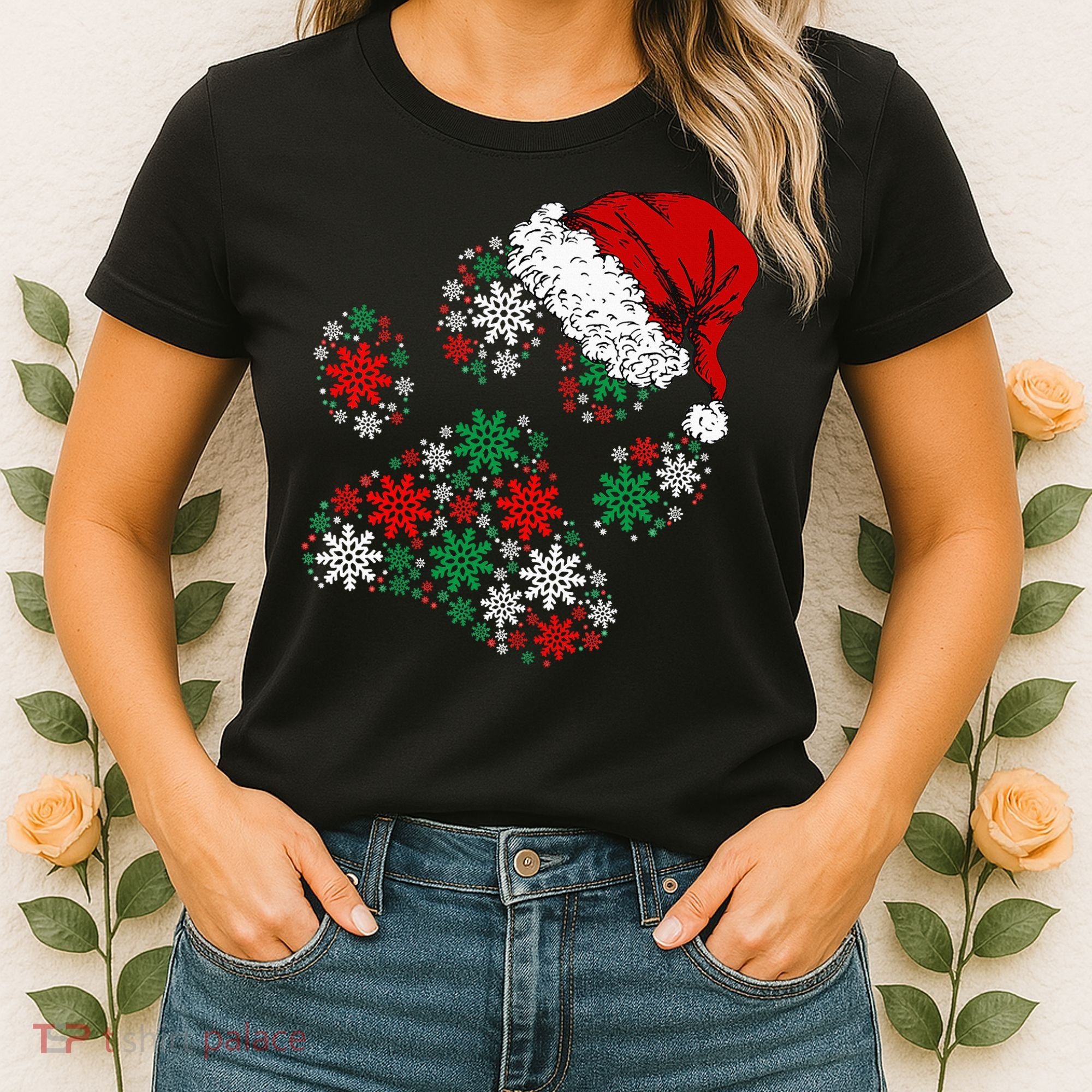 Merry Christmas Dog Paws Lights Santa hat Snowflake Xmas Women's T-Shirt