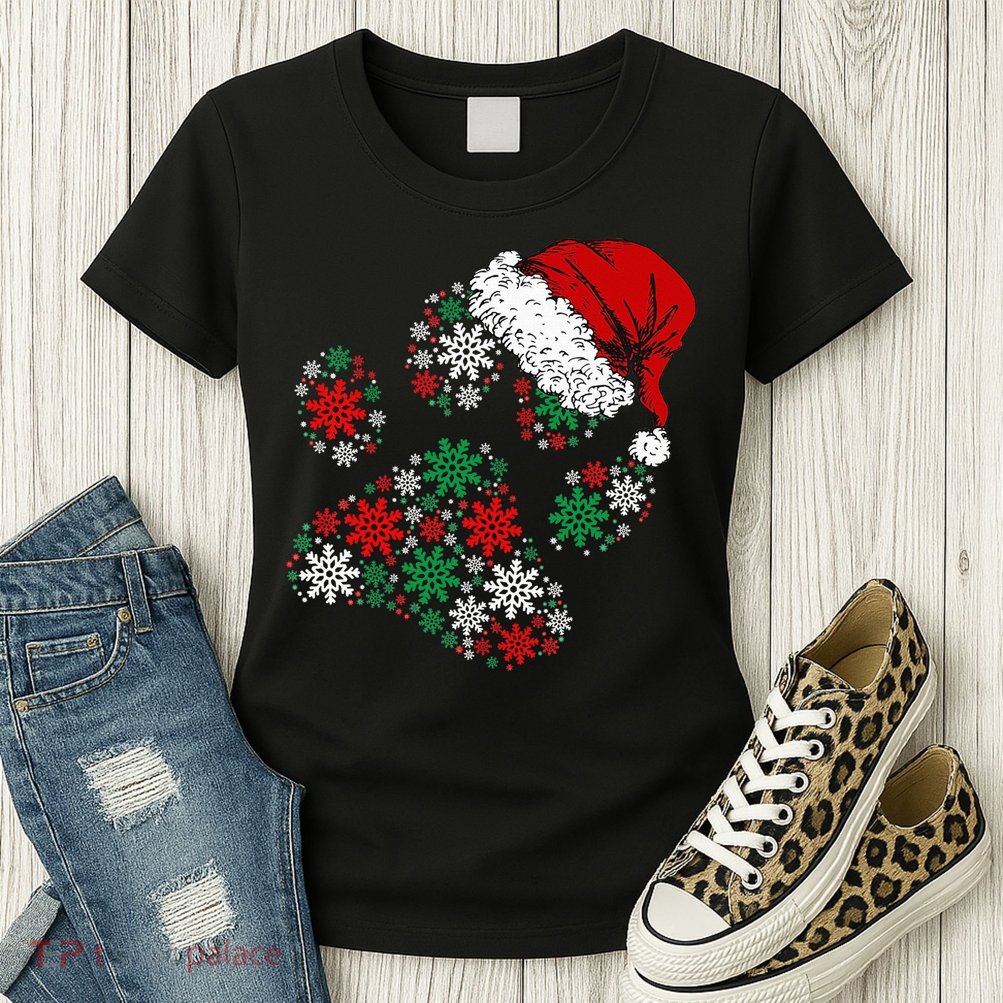 Merry Christmas Dog Paws Lights Santa hat Snowflake Xmas Women's T-Shirt
