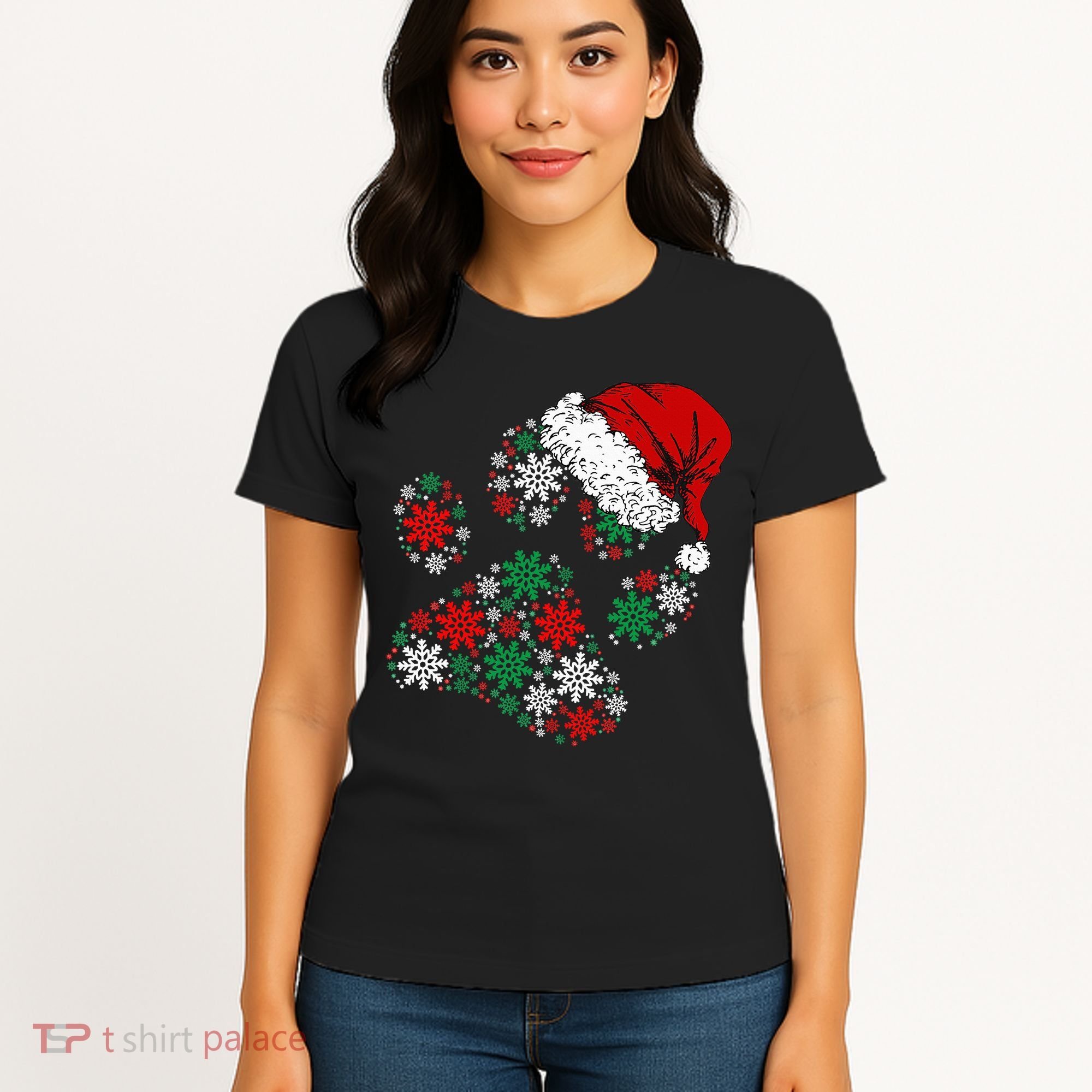 Merry Christmas Dog Paws Lights Santa hat Snowflake Xmas Women's T-Shirt