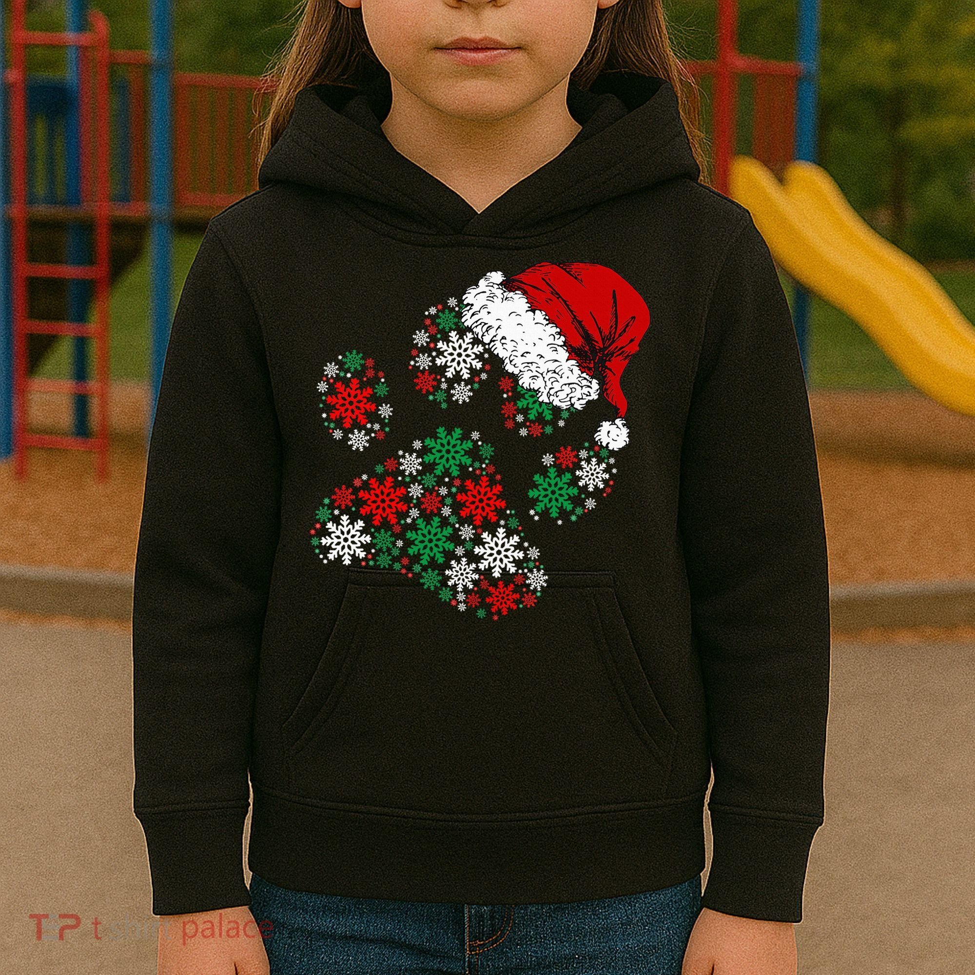 Merry Christmas Dog Paws Lights Santa hat Snowflake Xmas Kids Hoodie