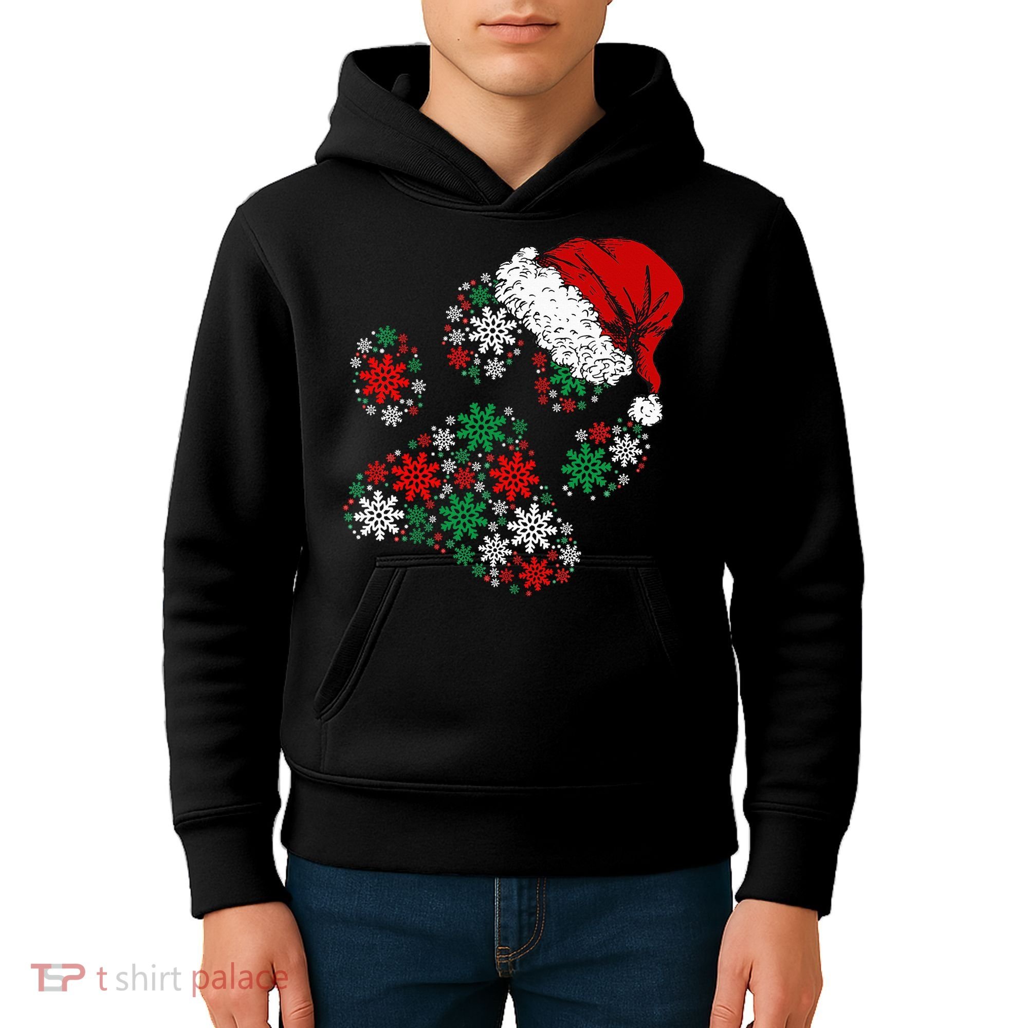 Merry Christmas Dog Paws Lights Santa hat Snowflake Xmas Kids Hoodie