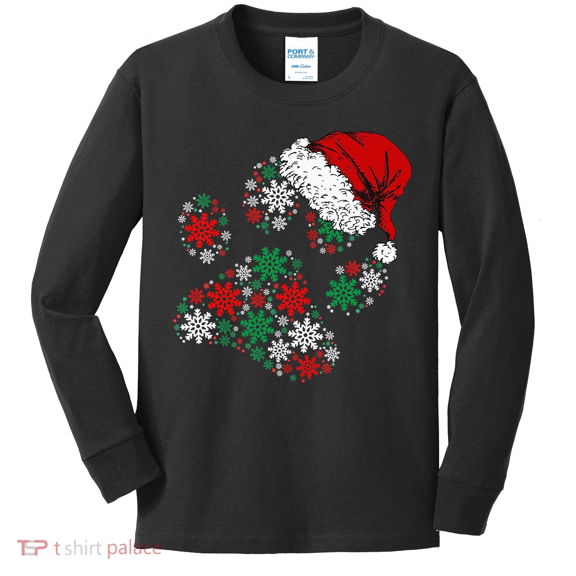 Merry Christmas Dog Paws Lights Santa hat Snowflake Xmas Kids Long Sleeve Shirt