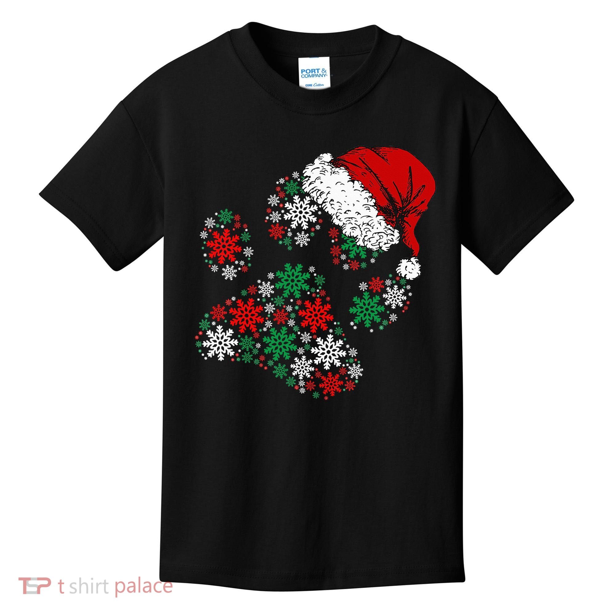 Merry Christmas Dog Paws Lights Santa hat Snowflake Xmas Kids T-Shirt