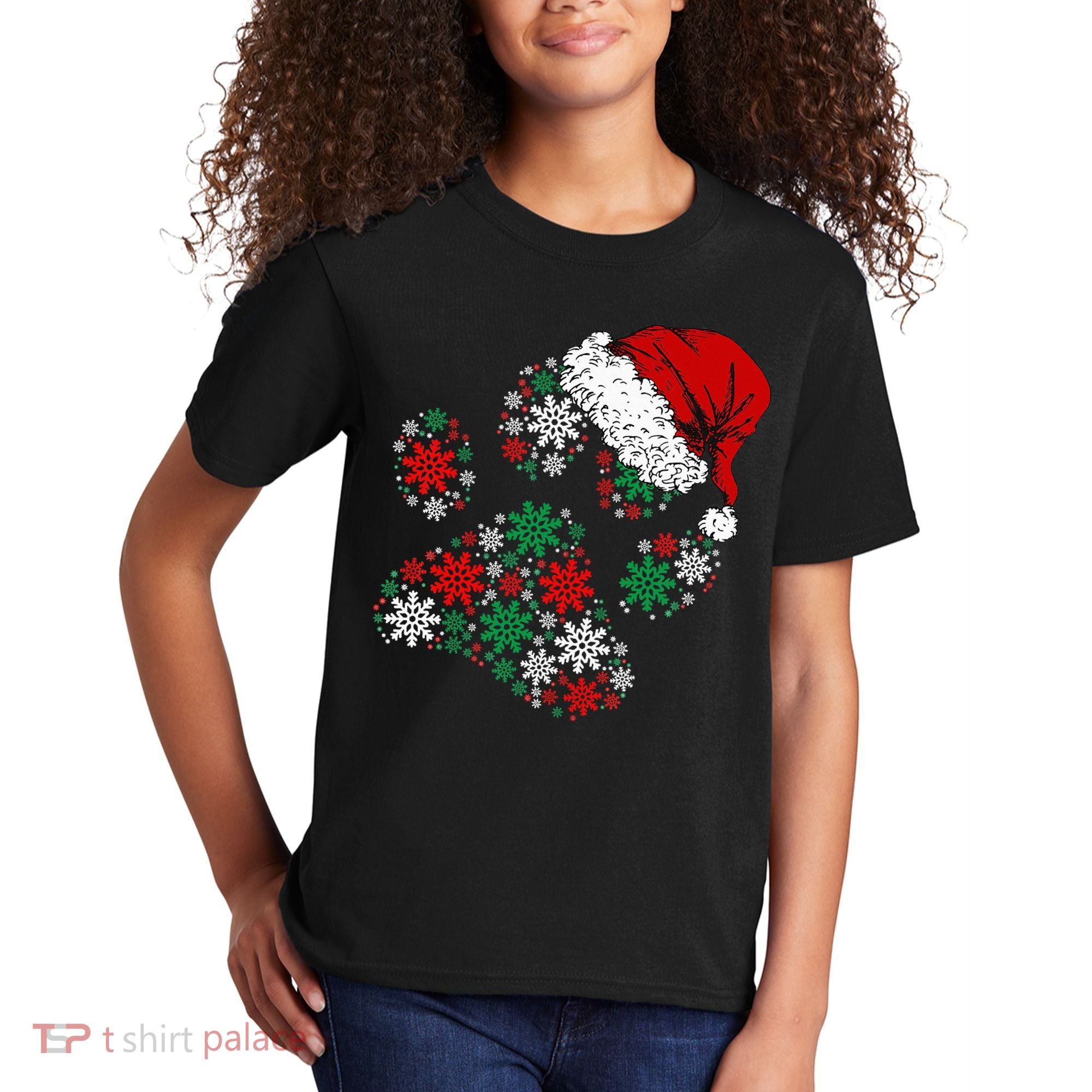 Merry Christmas Dog Paws Lights Santa hat Snowflake Xmas Kids T-Shirt