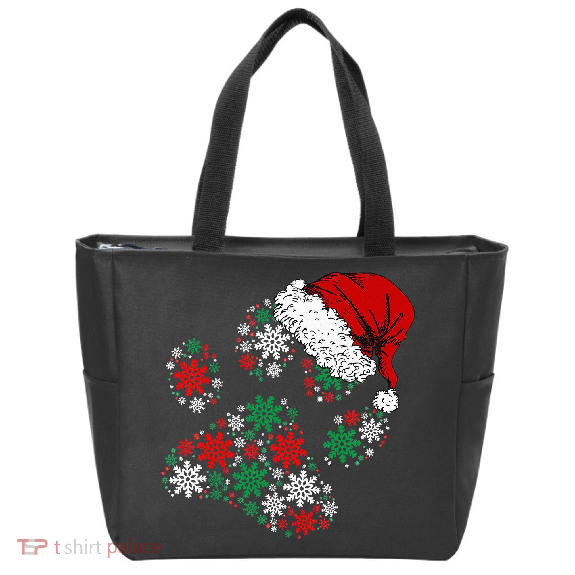 Merry Christmas Dog Paws Lights Santa hat Snowflake Xmas Tote Bag