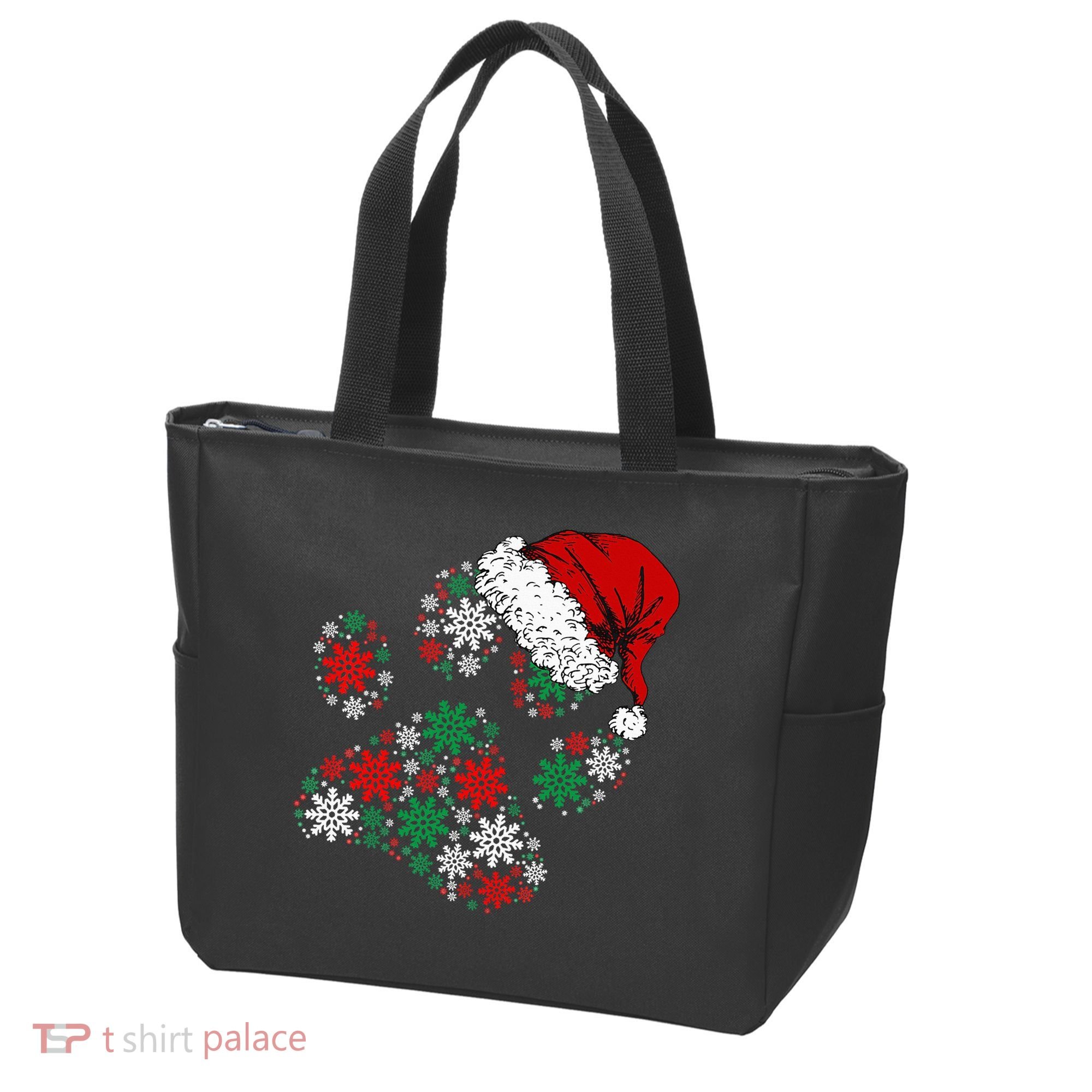 Merry Christmas Dog Paws Lights Santa hat Snowflake Xmas Tote Bag