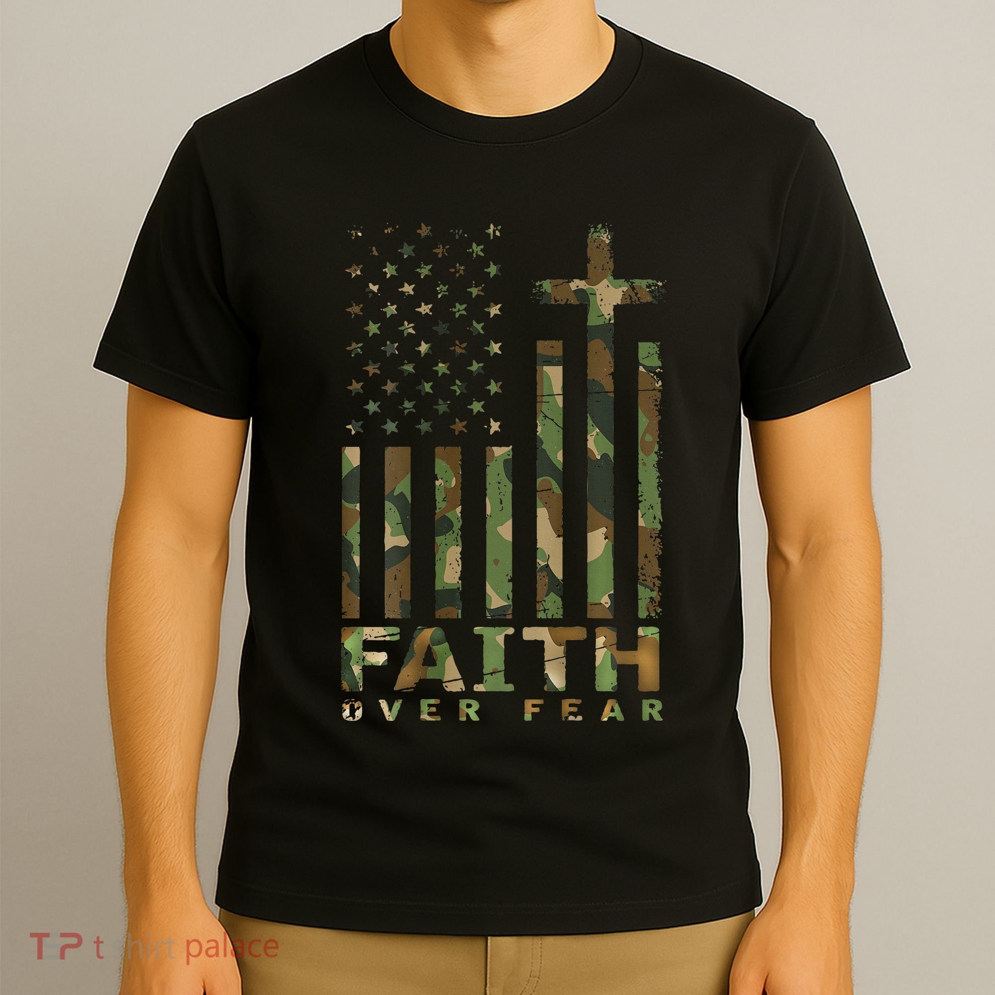 Military Camo Faith Over Fear Inspirational Christian T-Shirt