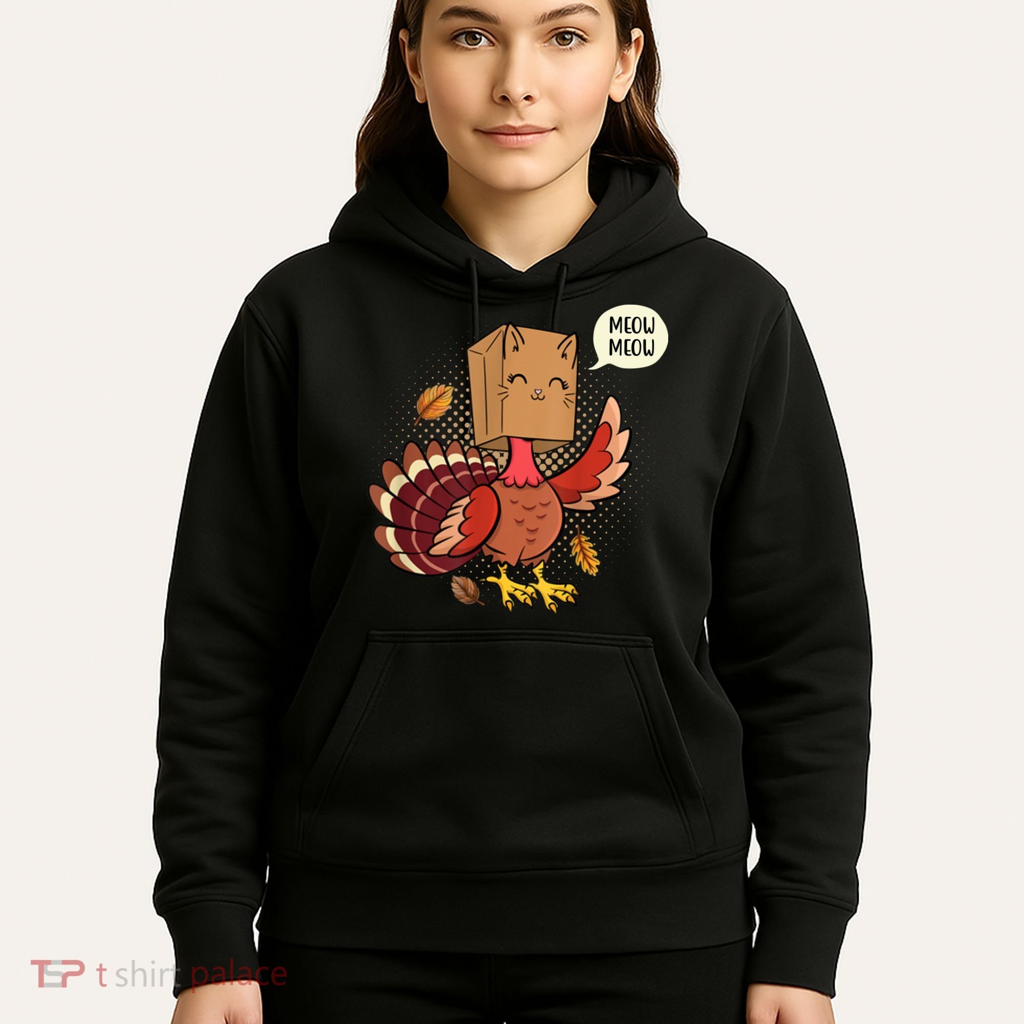 Meow Cat Funny Turkey Thanksgiving Holiday Hoodie