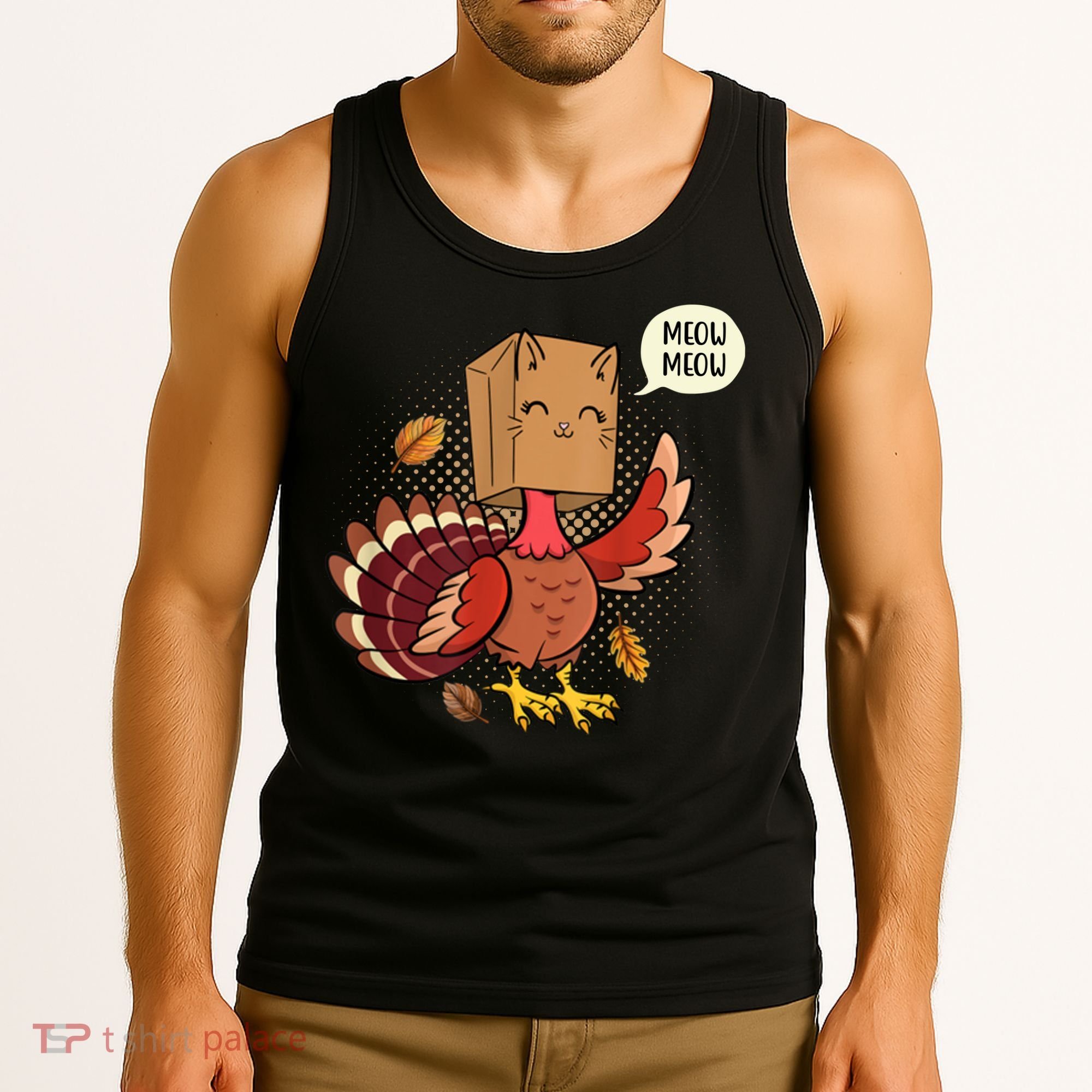 Meow Cat Funny Turkey Thanksgiving Holiday Tank Top