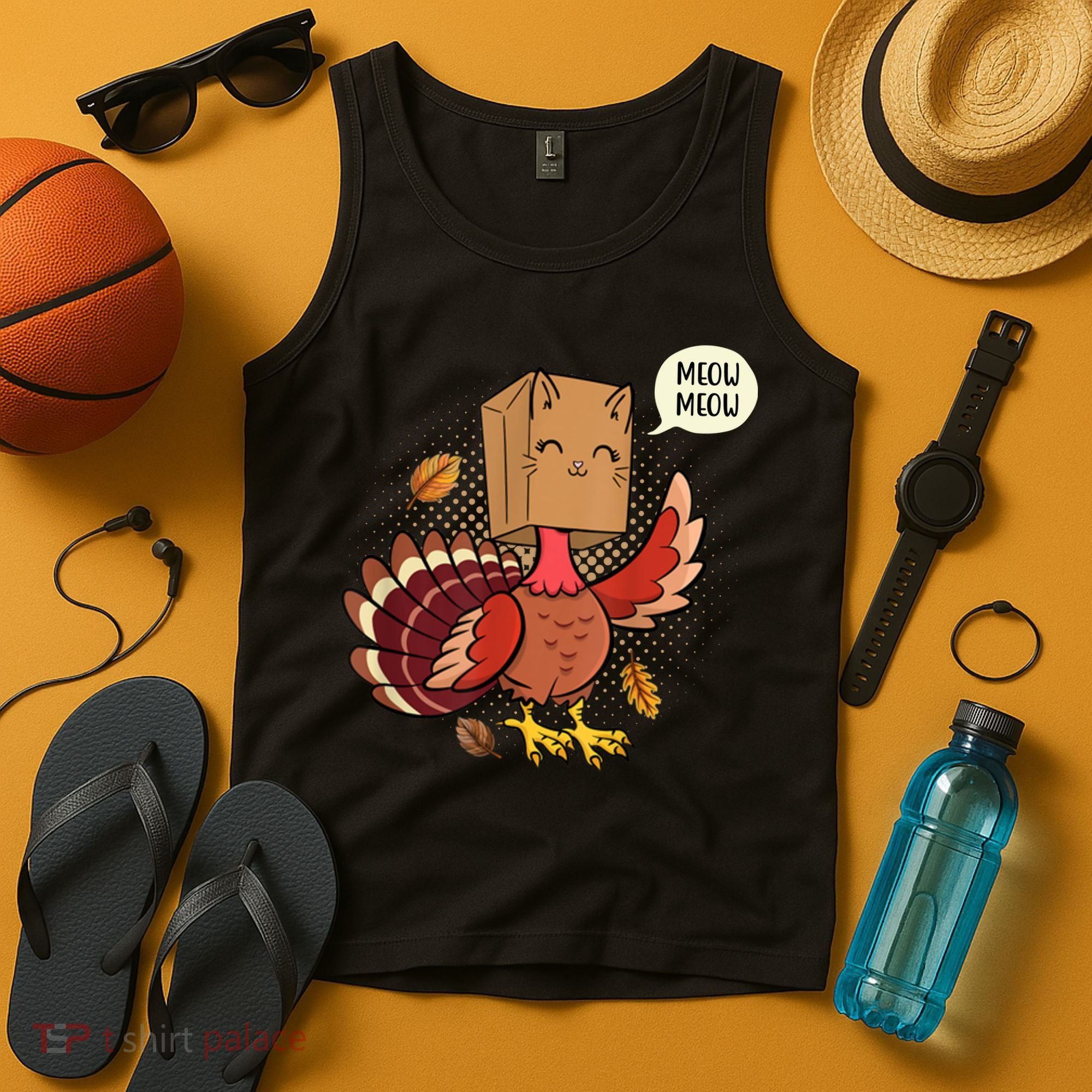 Meow Cat Funny Turkey Thanksgiving Holiday Tank Top